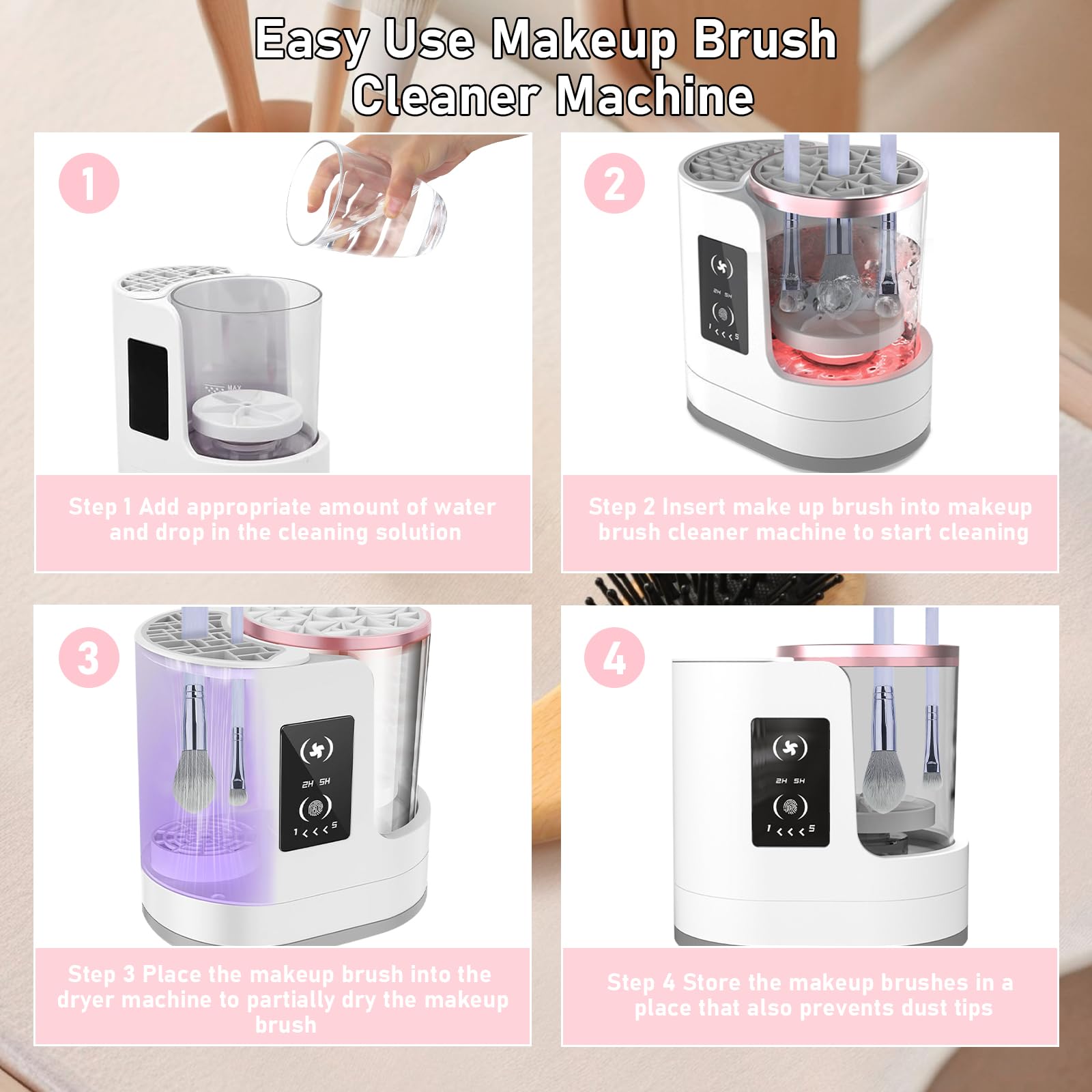 Nettoyeur électrique pour pinceaux maquillage, lave pinceaux maquillage fonction de lavage et de séchage à l'air, Nettoyeur automatique les pinceaux cosmétiques multifonction