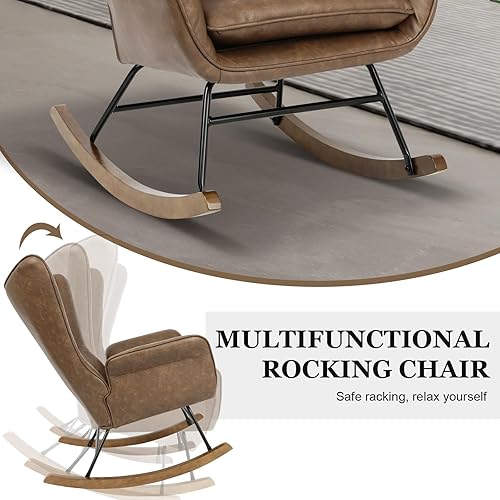 Miniatura 7 de Gecheer Rocker - Silla mecedora moderna de piel sintética, con base de madera, respaldo alto y reposabrazos, asiento acolchado, cómoda silla