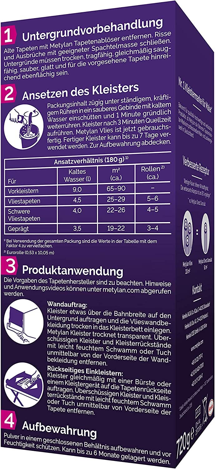Metylan Vlies, Tapetenkleister für Vliestapeten, Kleister mit hoher Ergiebigkeit (1x720g) & Metylan Tapetenablöser Aktiv-Konzentrat, löst schnell und problemlos (1x 1l)