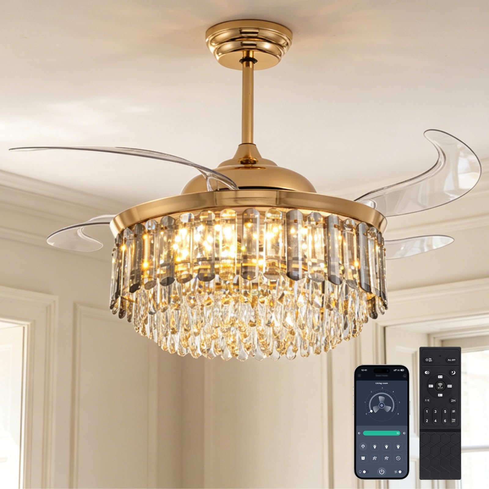 Photo 1 of Siljoy 52'' Crystal Ceiling Fans with Lights and Remote, Modern Rose Gold Crystal Chandelier with Fan, 6 Speeds, Luxury Dimmable Fandelier for Living Room Dining Room Bedroom Nursery