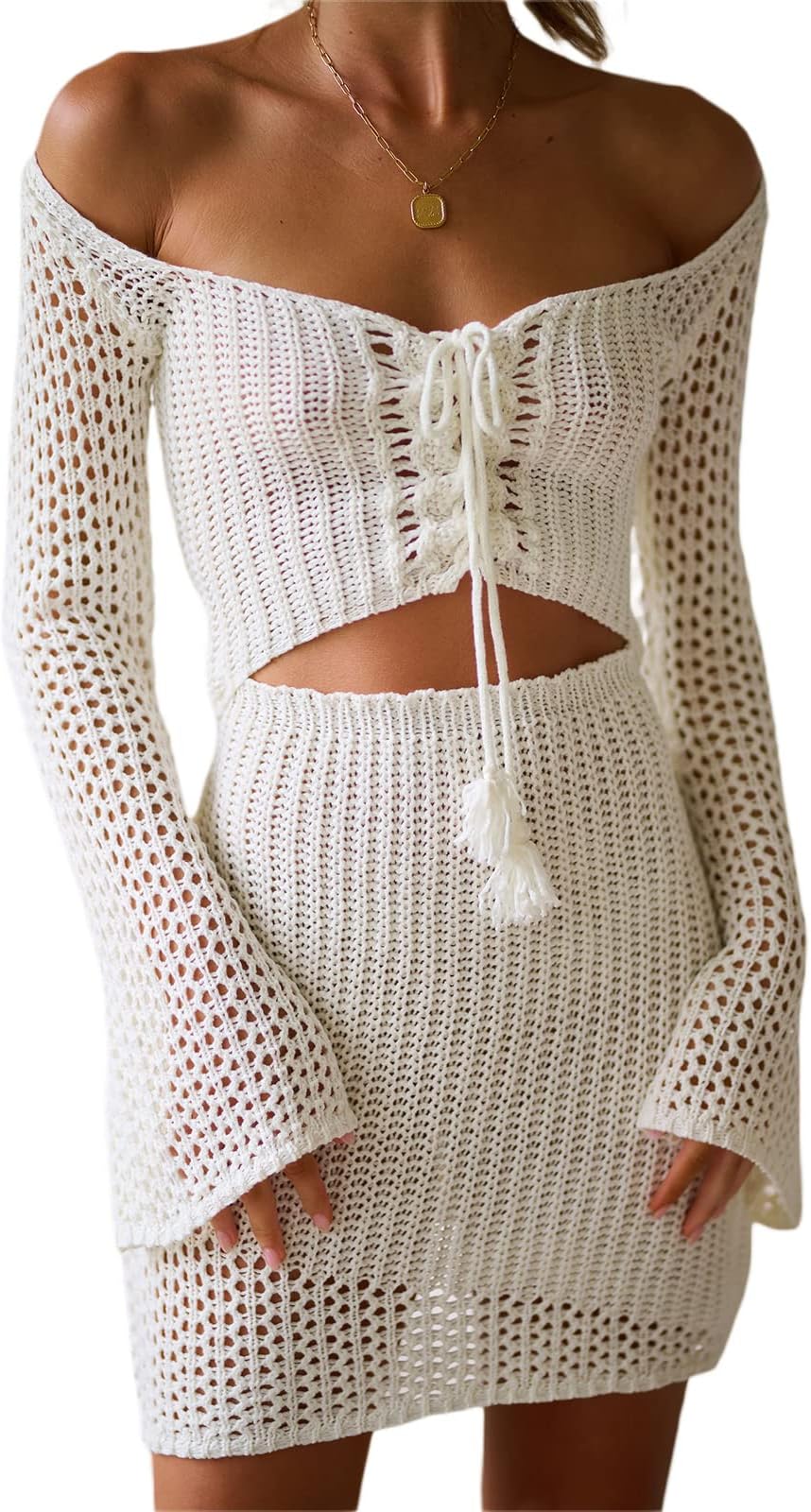 YuemengxuanWomen Crochet Knitted Cover up Dress Hollow Out See Through Knit Mini Dress Sexy Backless Bodycon Dress Beachwear (White-D, S)