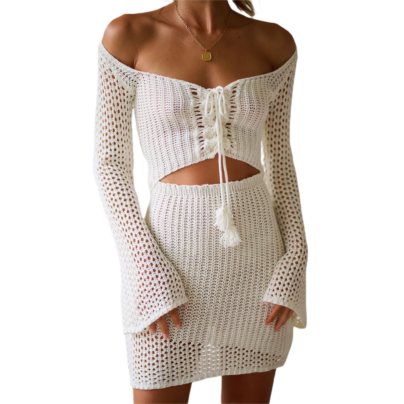 YuemengxuanWomen Crochet Knitted Cover up Dress Hollow Out See Through Knit Mini Dress Sexy Backless Bodycon Dress Beachwear (White-D, S)