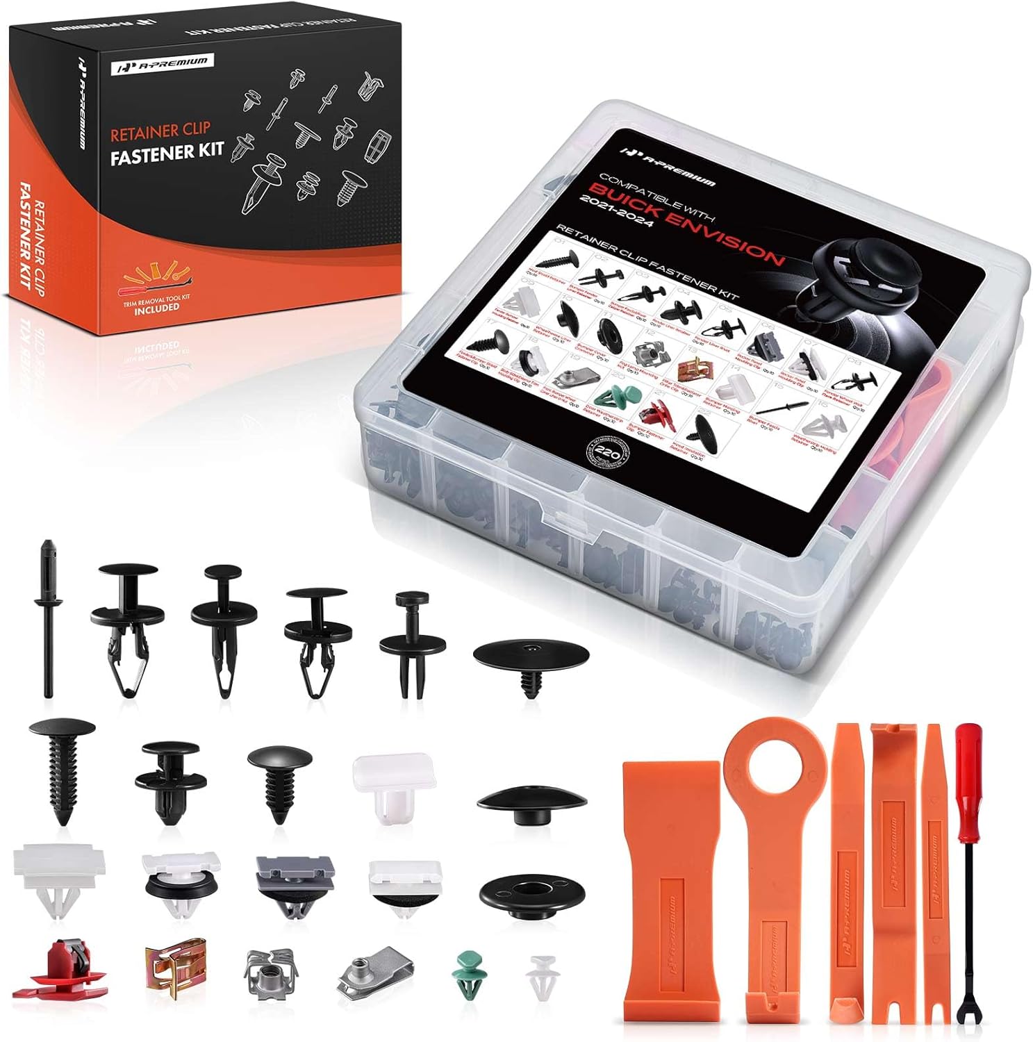 A-Premium 220PCS (22 Sizes/43 oz) Bumper Fender Retainer Clips Kit - Compatible with Buick Envision 2021-2024 - Hood Door Trim Panel Push Pin Plastic Nylon Rivet Fastener Set, w/Removal Tool