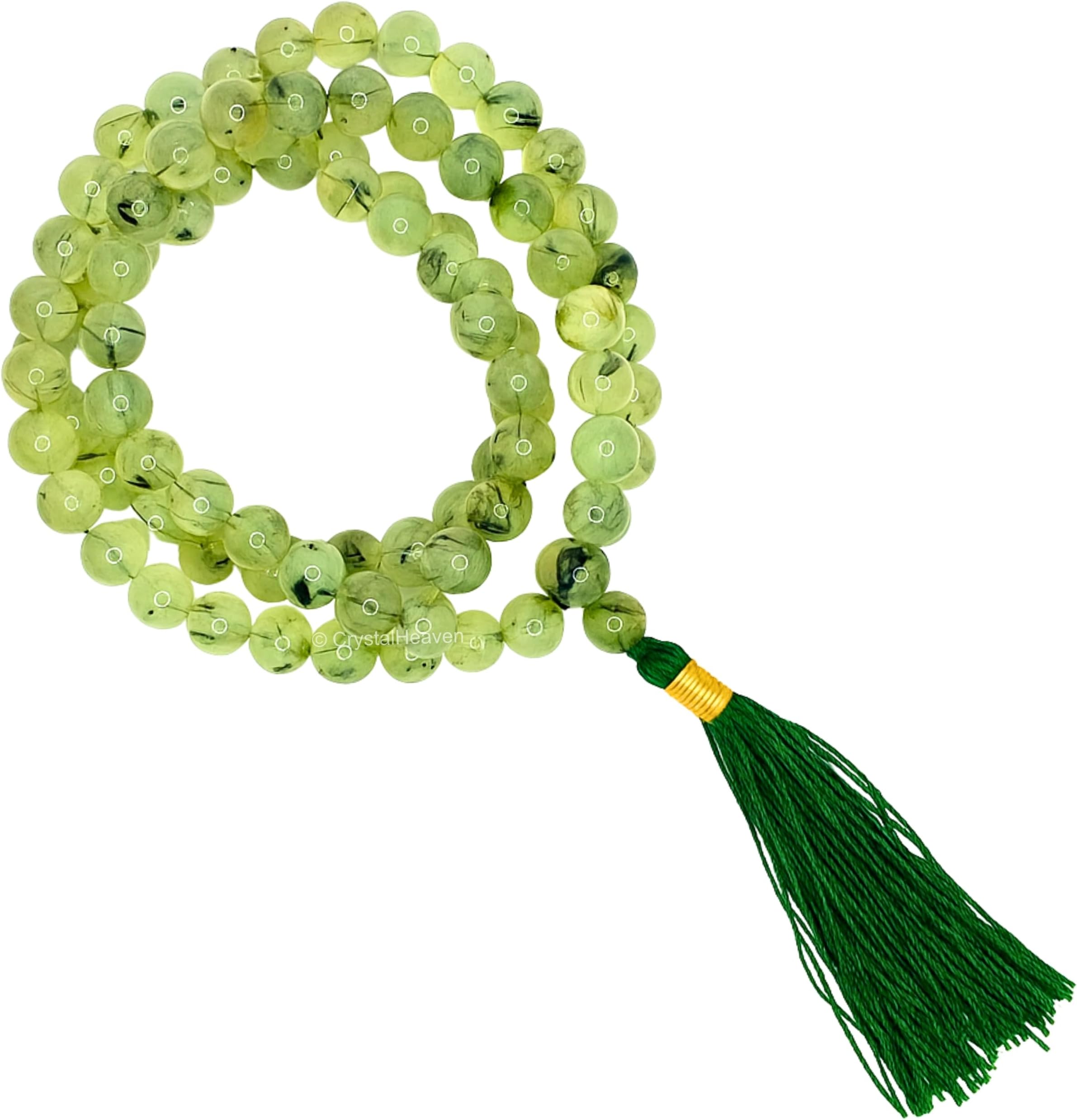 Crystal Heaven Certified Prehnite Green Japa Mala Saadi - 108 Beads Buddhist Prayer Beads - Aaa Grade Original Healing Gemstone Agate Mala For Yoga Meditation Spiritual Reiki Feng Shui
