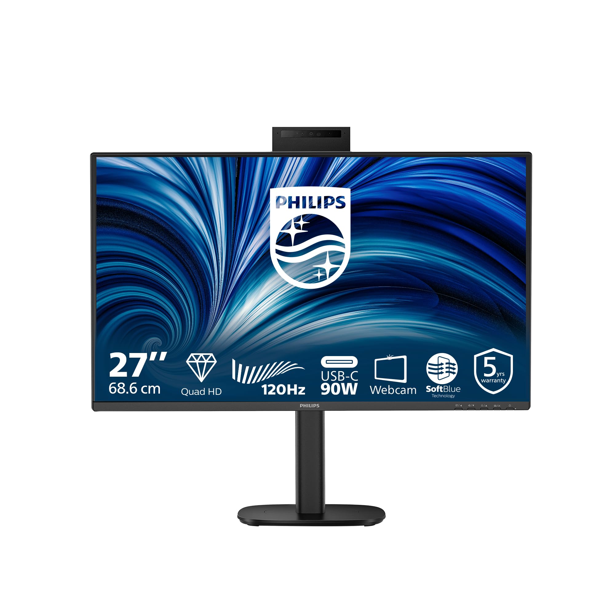 Philips Monitor 27B2U3601H 27-calowy panel WQHD 120 Hz IPS, 4ms GtG, regulacja wysokości, kamera internetowa, głośniki, hub USB (2560x1440 HDMI 1x 2.1 TMDS DP 1x 1.4) Czarny