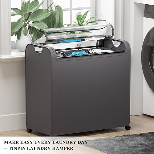 Miniatura 2 de Cesta de lavandería con ruedas, cesta de lavandería de 3 secciones con tapa, clasificador de ropa sucia de 156 L, cesta de ropa sucia para