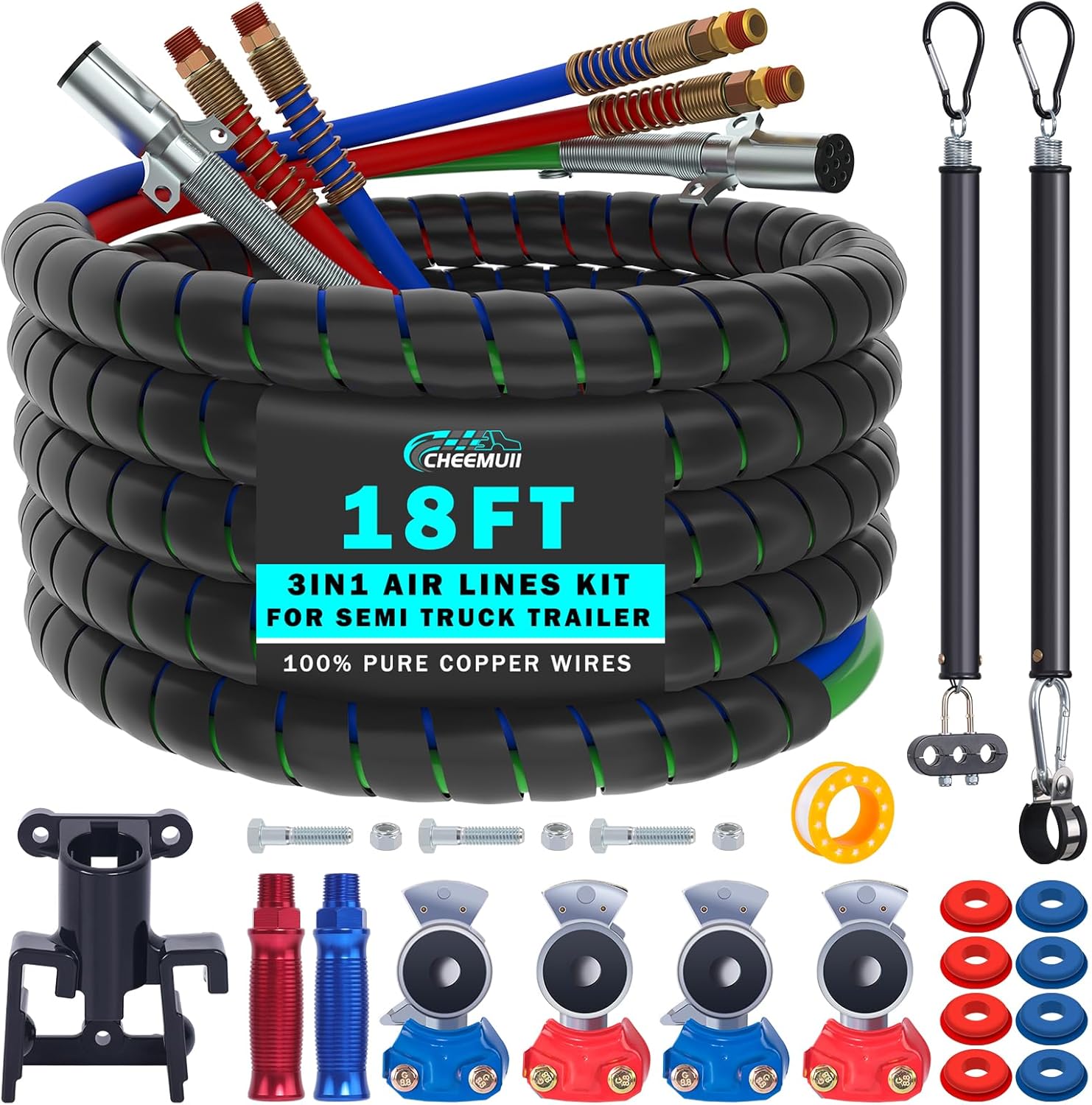 CheeMuii 18FT Semi Truck Air Line Kit with Gladhand Handle Holder and Springs Kit Red & Blue Air Brake Hoses and 7 Way Trailer Cord 3-in-1 Air Lines Set for Semi Truck Trailer Tractor