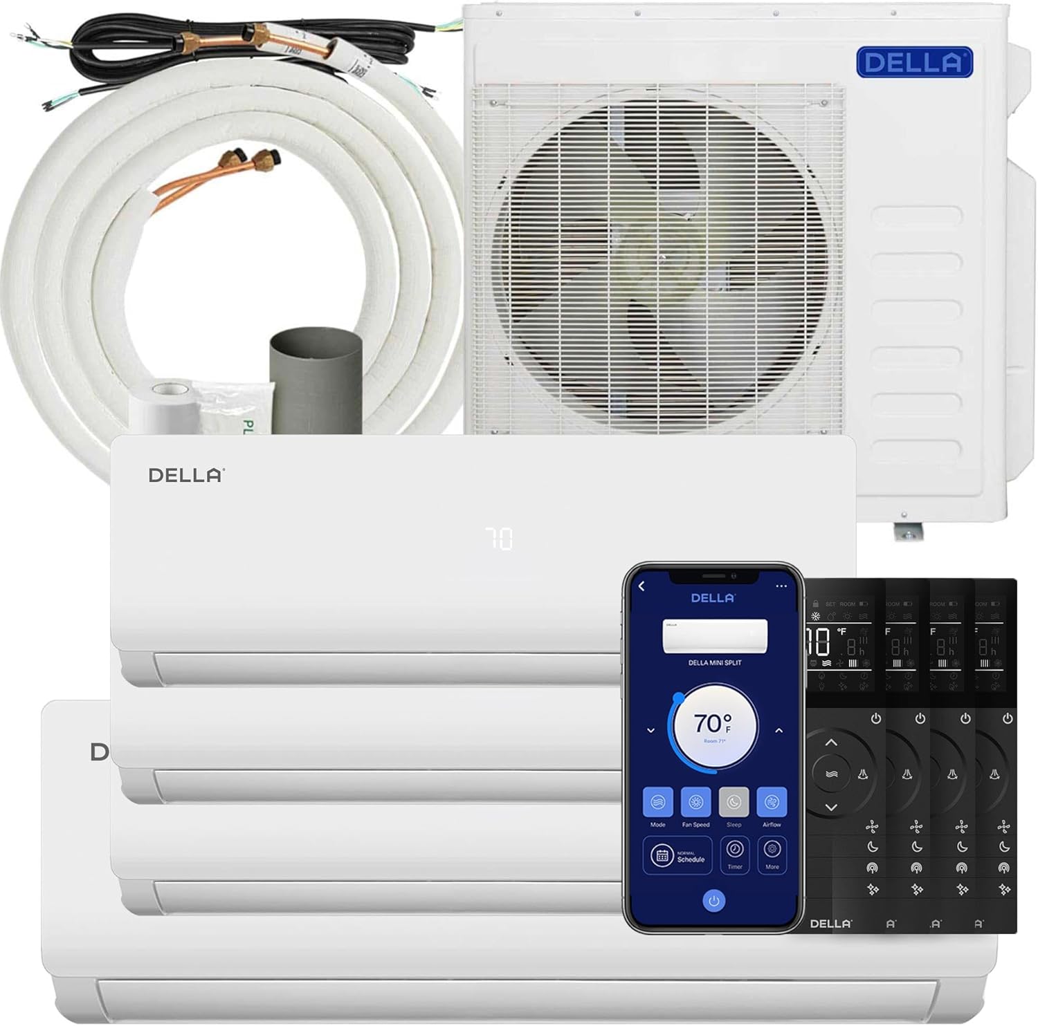 Della 36K BTU (9K 9K 9K 18K) Multi Zone Air Conditioner ODU Quad 4 Zone Mini Split 19 SEER2 208-230V Cools Up to 2200 Sq.Ft, Works with Alexa, Wifi Energy Efficient Pre-Charged Heat Pump Full Set Della 36K BTU (9K 9K 9K 18K) Multi Zone Air Conditioner ODU Quad 4 Zone Mini Split 19 SEER2 208-230V Cools Up to 2200 Sq.Ft, Works with Alexa, Wifi Energy Efficient Pre-Charged Heat Pump Full Set