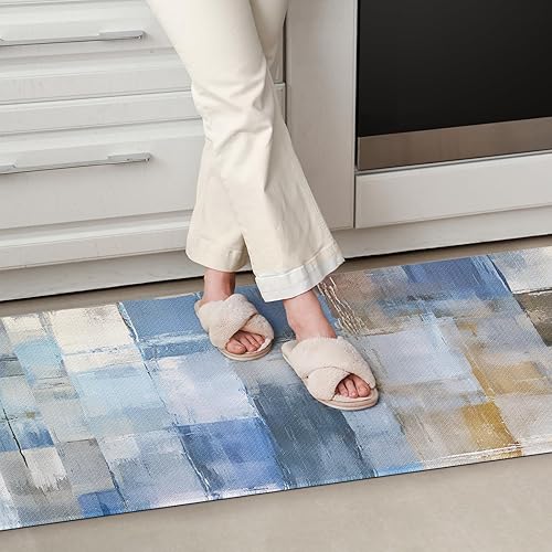 Miniatura 2 de Colorful Star Juego de 2 tapetes de cocina azules para suelo, de cuero de PVC, acolchado, impermeable, antideslizante, antifatiga, para decoración