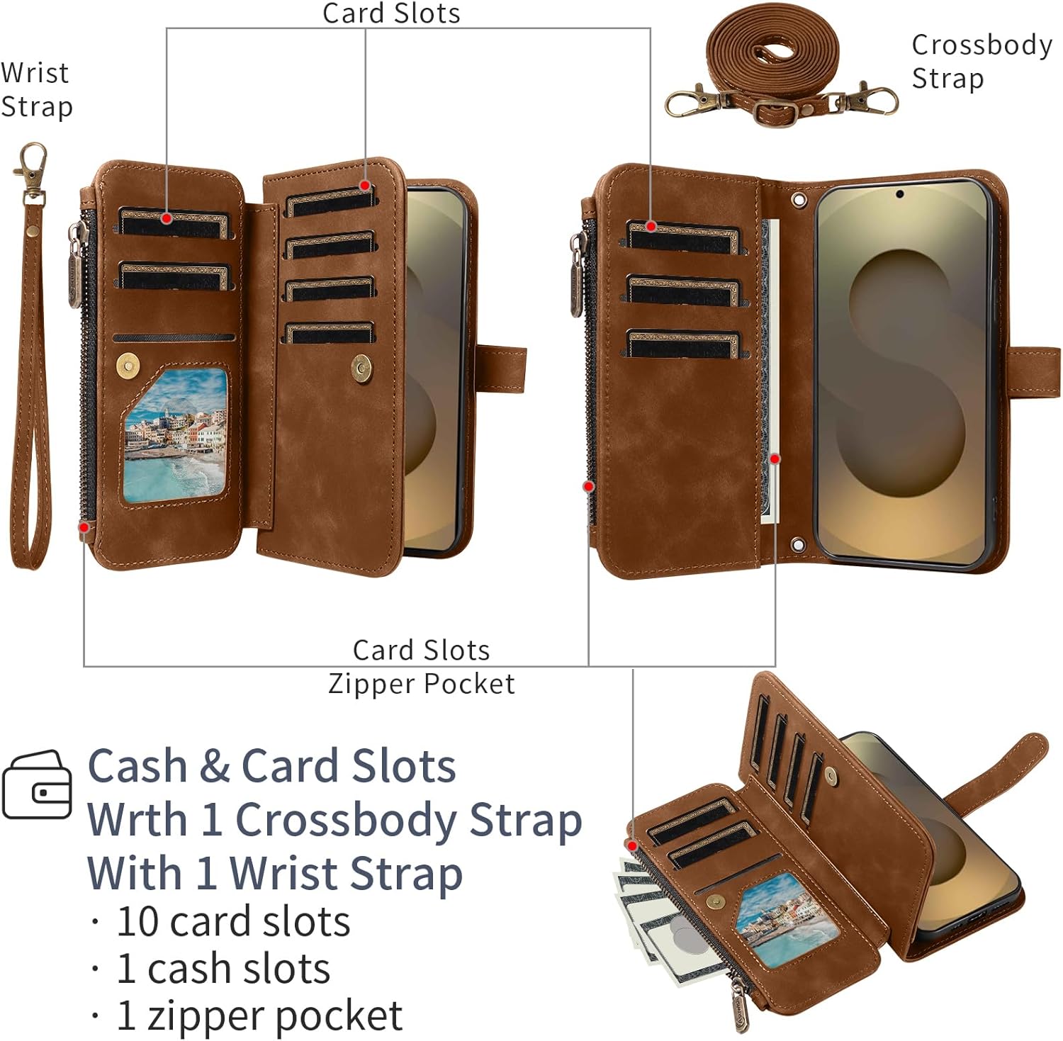 Asuwish Phone Case for Samsung Galaxy S25 Ultra 5G Zipper Wallet Cell Cover with Tempered Glass Screen Protector Crossbody Strap Flip Credit Card Holder S25Ultra 25S S 25 25Ultra 6.9 2025 Women Brown