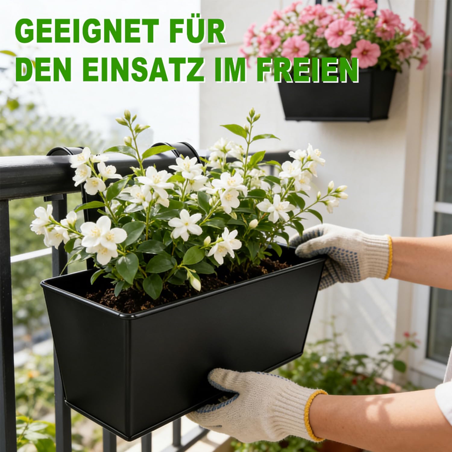 4 Stück Blumentopf Hängend, 27×24.5cm Balkon Hängende Blumentöpfe mit Abnehmbarem Haken für Balkon & Garten, Wetterfeste Übertöpfe aus Metall Für Innen & Außen, Geländer & Zaun（Schwarz）