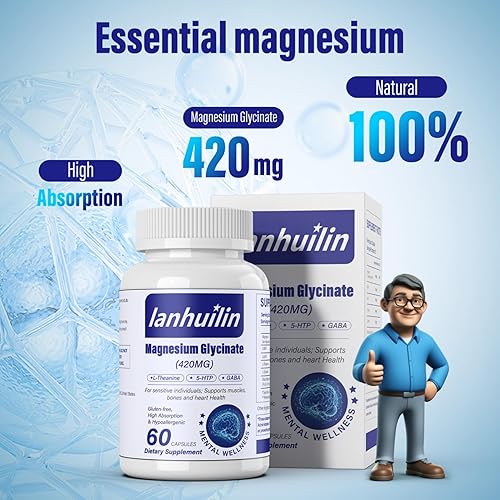 Miniatura 3 de Complejo de magnesio 6 en 1, 420 mg de glicinato de magnesio puro, suplemento de magnesio con GABA, 5-HTP, L-teanina, L-tirosina, vegetariano y de