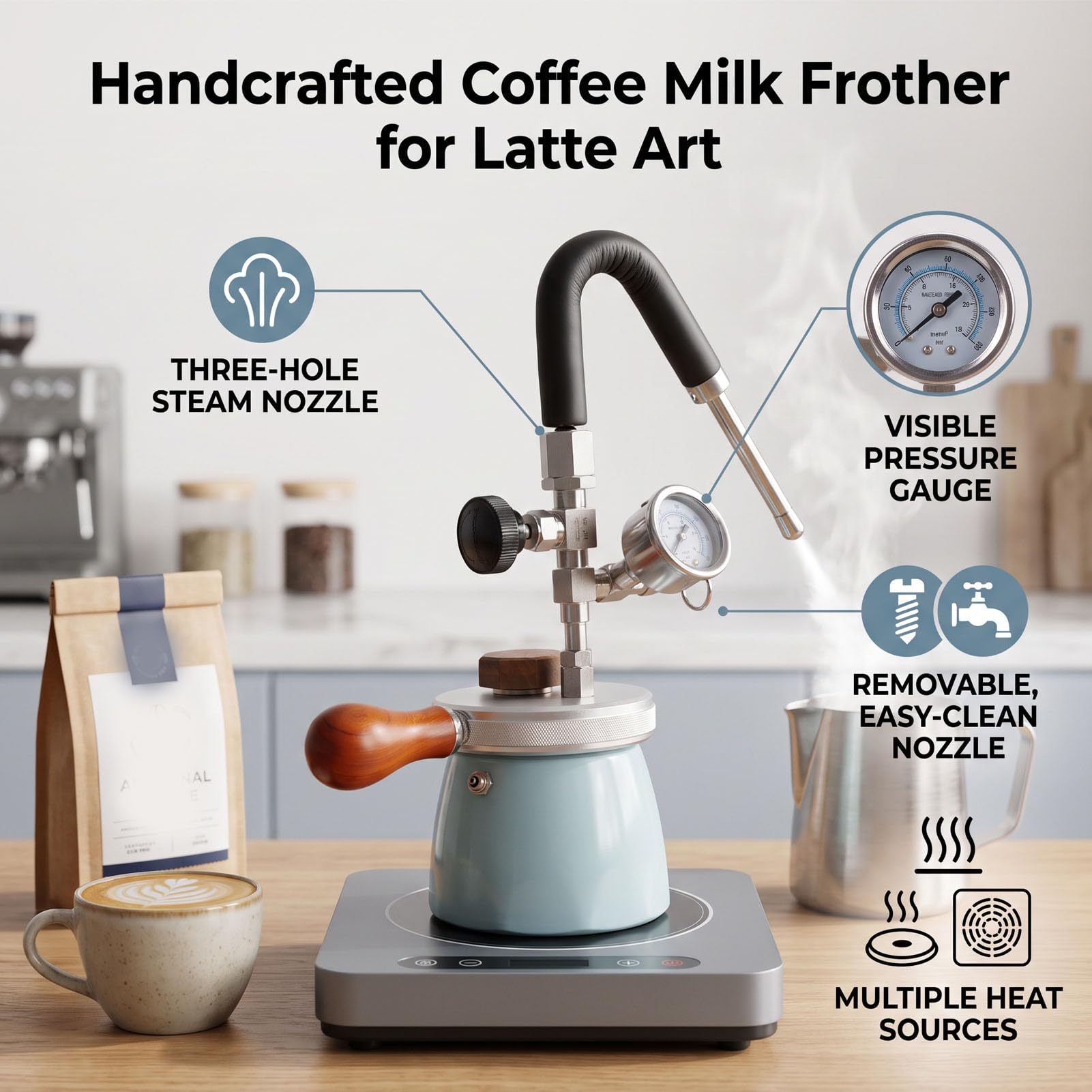 450ML Schiumatore per Latte da Fornello con Manometro
