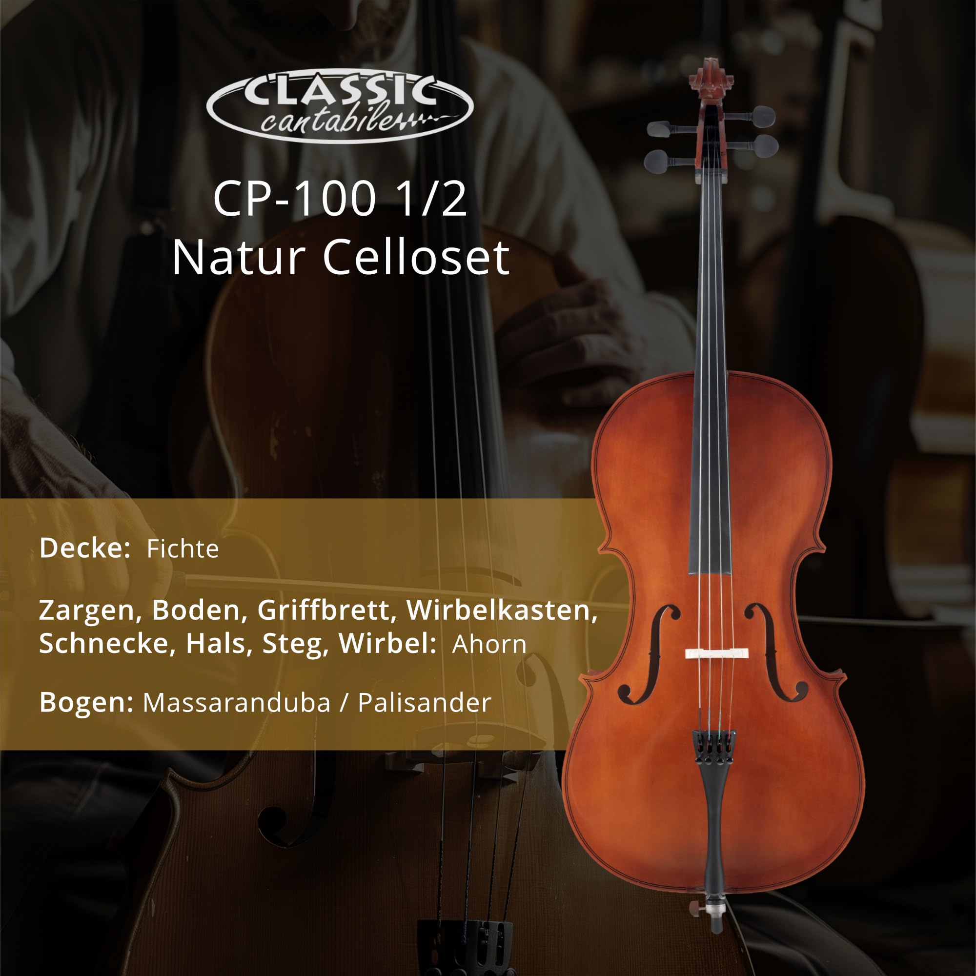 Classic Cantabile CP-100 1/2 Cello Set, Decke: Fichte, Boden, Zargen | Hals, Griffbrett, Wirbel und Steg: Ahorn, Saitenhalter aus Karbon, Vier Feinstimmer, Höhenverstellbarer Stachel, Größe: 1/2