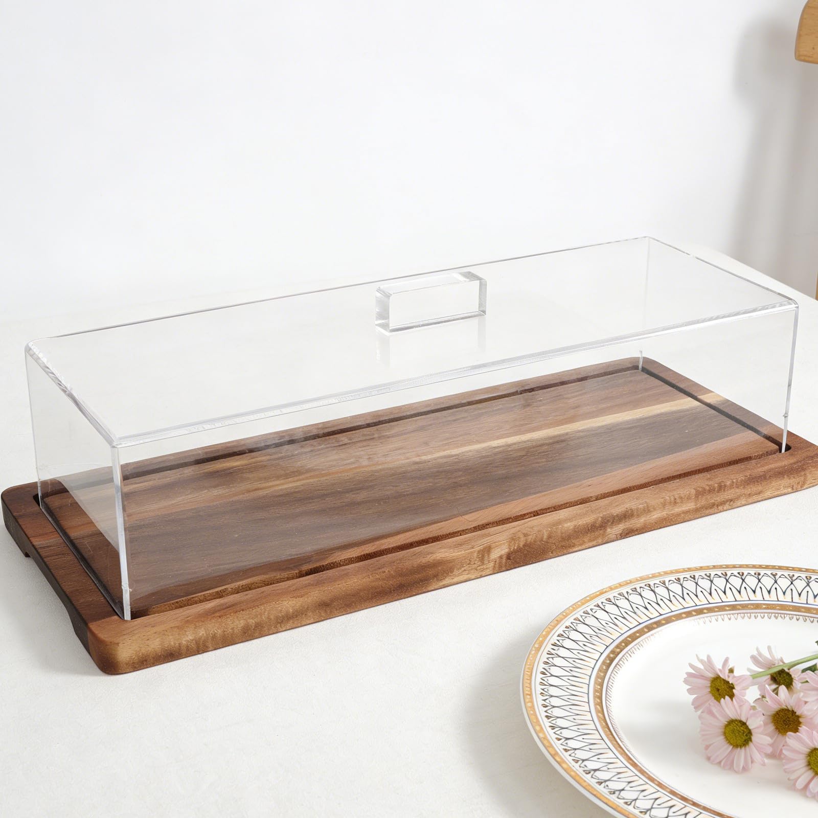 Homoyoyo Soporte para Pasteles Rectangular de Madera con Tapa Acrílica Transparente para Exhibición en Panaderías y Buffets, Fácil Identificación y Transporte