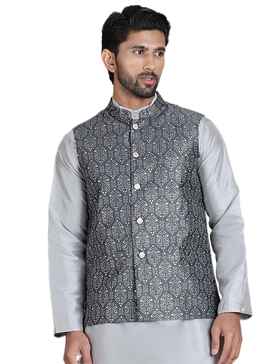 Charcoal Men's Printed Nehru Jacket (Charcoal, S)-image-43