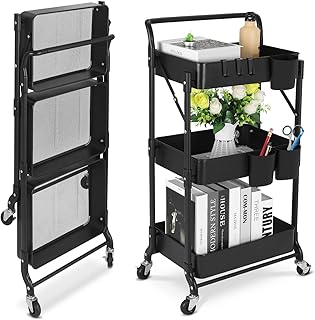 Foldable 3 Tier Metal Utility Rolling Cart, Folding Mobile Multi-Functio...