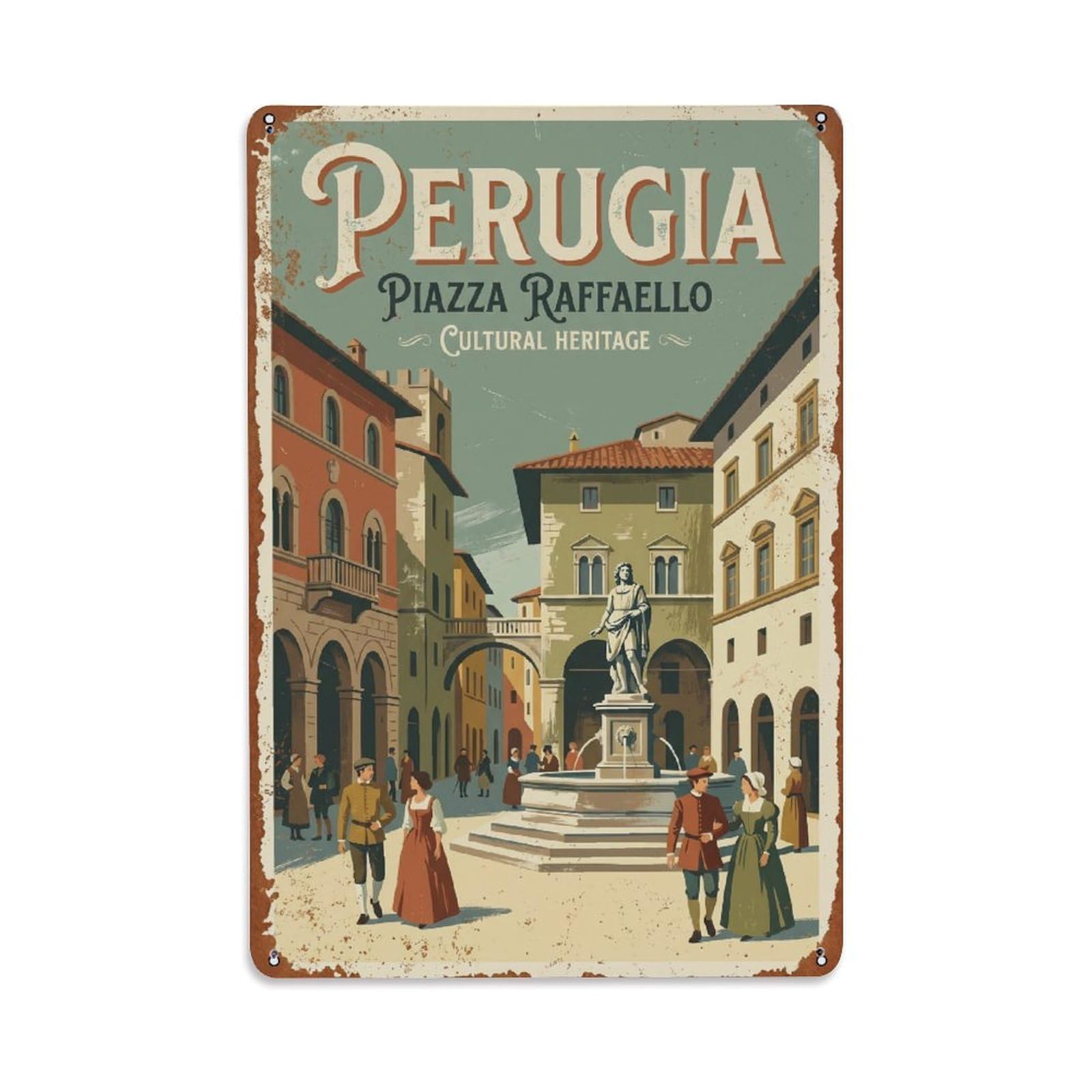 Vintage Travel Perugia Piazza Raffaello Italy Metal Tin Sign Plaque Wall Decor for Cafe, Club Bar, Office, Home Garden Metal Poster 8x12Inch