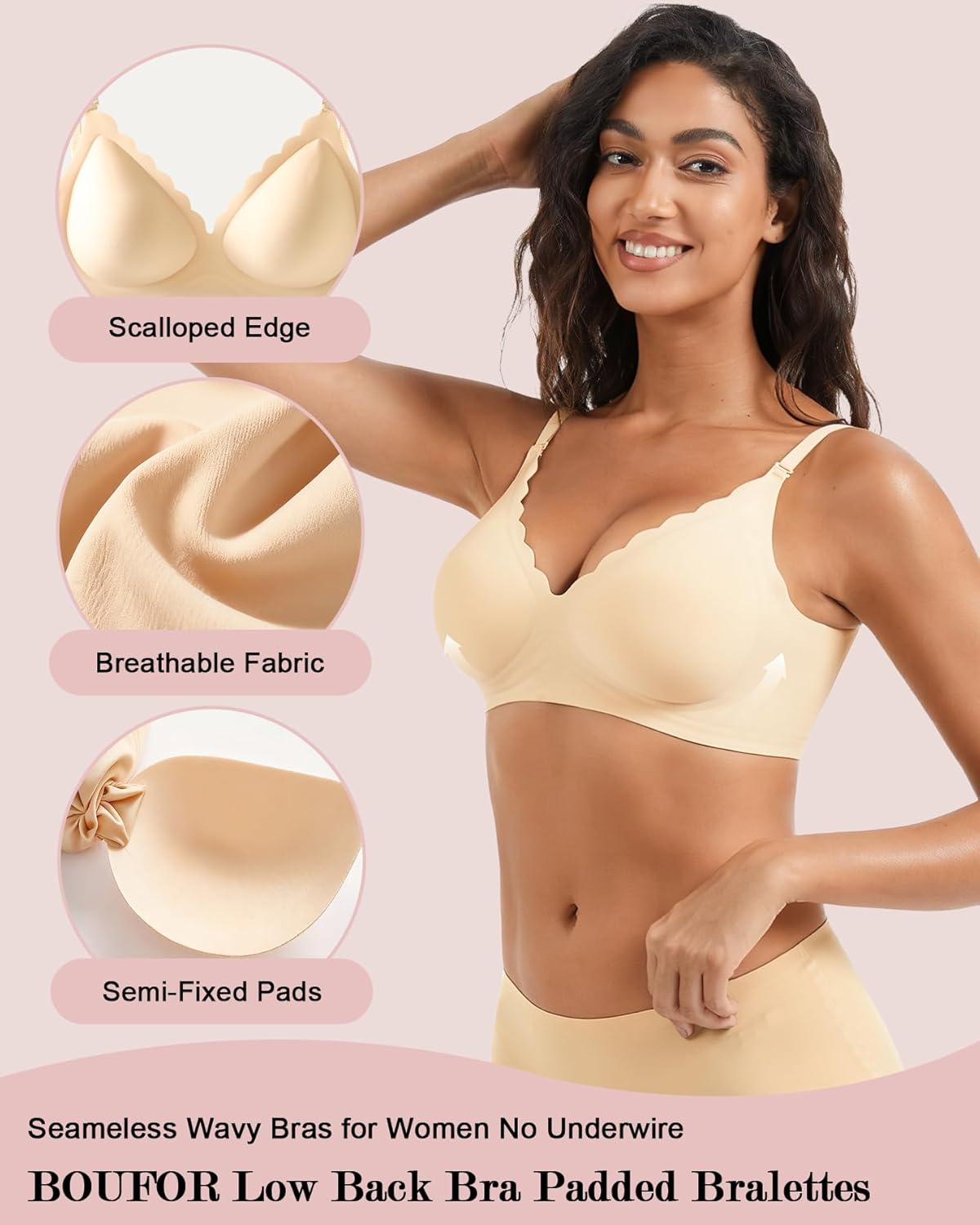 Low Back Bra - Halter Bra Backless Padded Low Cut Seamless Wave Bras Scalloped V Neck Criss-Cross Multiway Bralette - Image 6