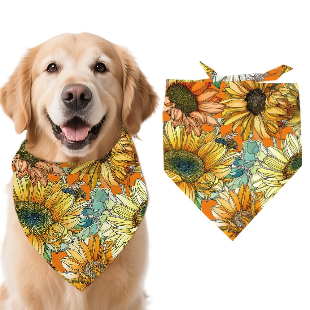 arricraft 1pc Pet Dog Bandana, 21.7"x21.7"x30.7" Colorful Hand-Drawn Sunflower Pattern Adjustable Cotton Triangle Pet's Bandana Washable Scarf Bibs Printed Chief for Large Dogs and Pets