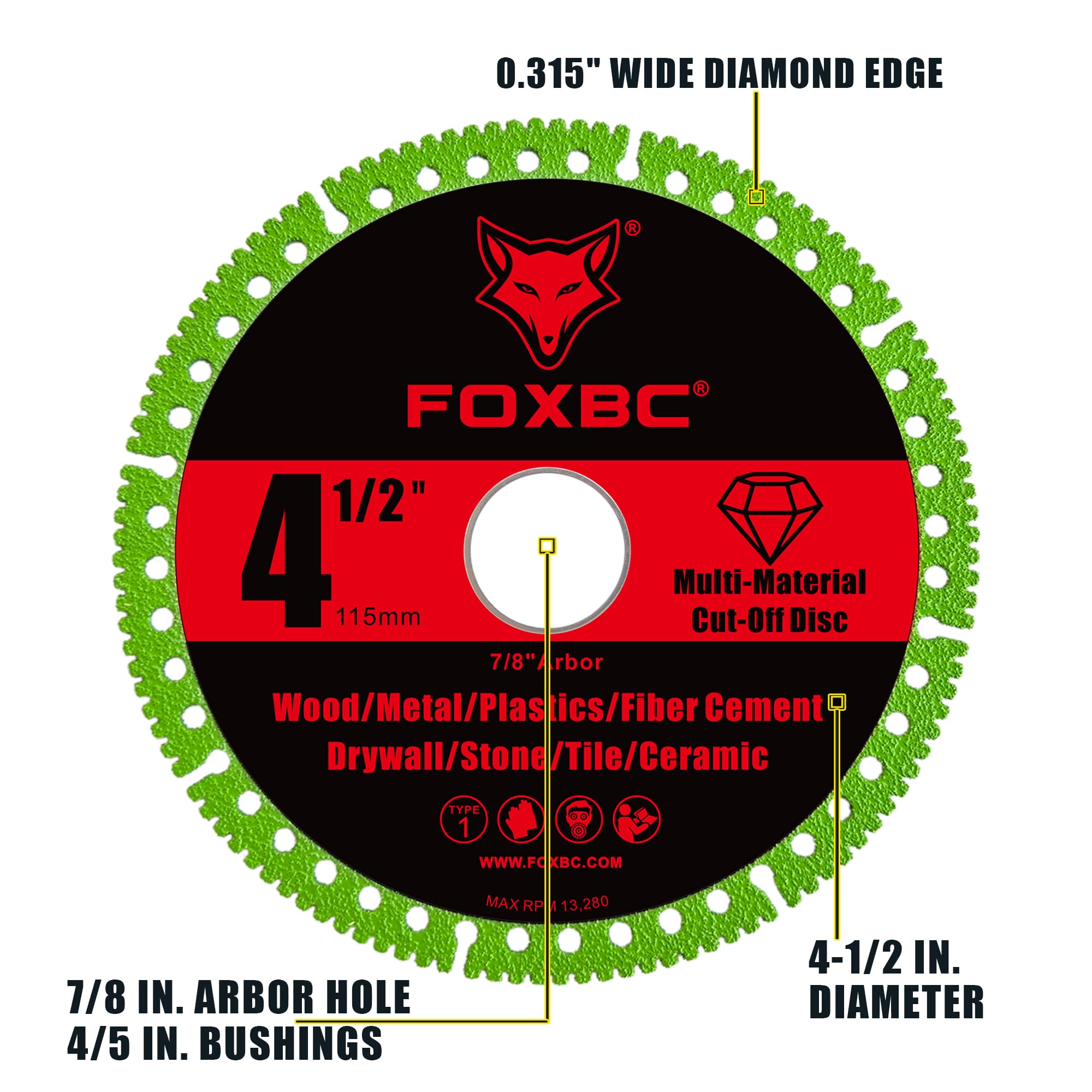 FOXBC Disco de corte indestructible 2.0, 4-1/2 pulgadas, 7/8 pulgadas, para metal, madera, vidrio, cerámica, paquete de 3