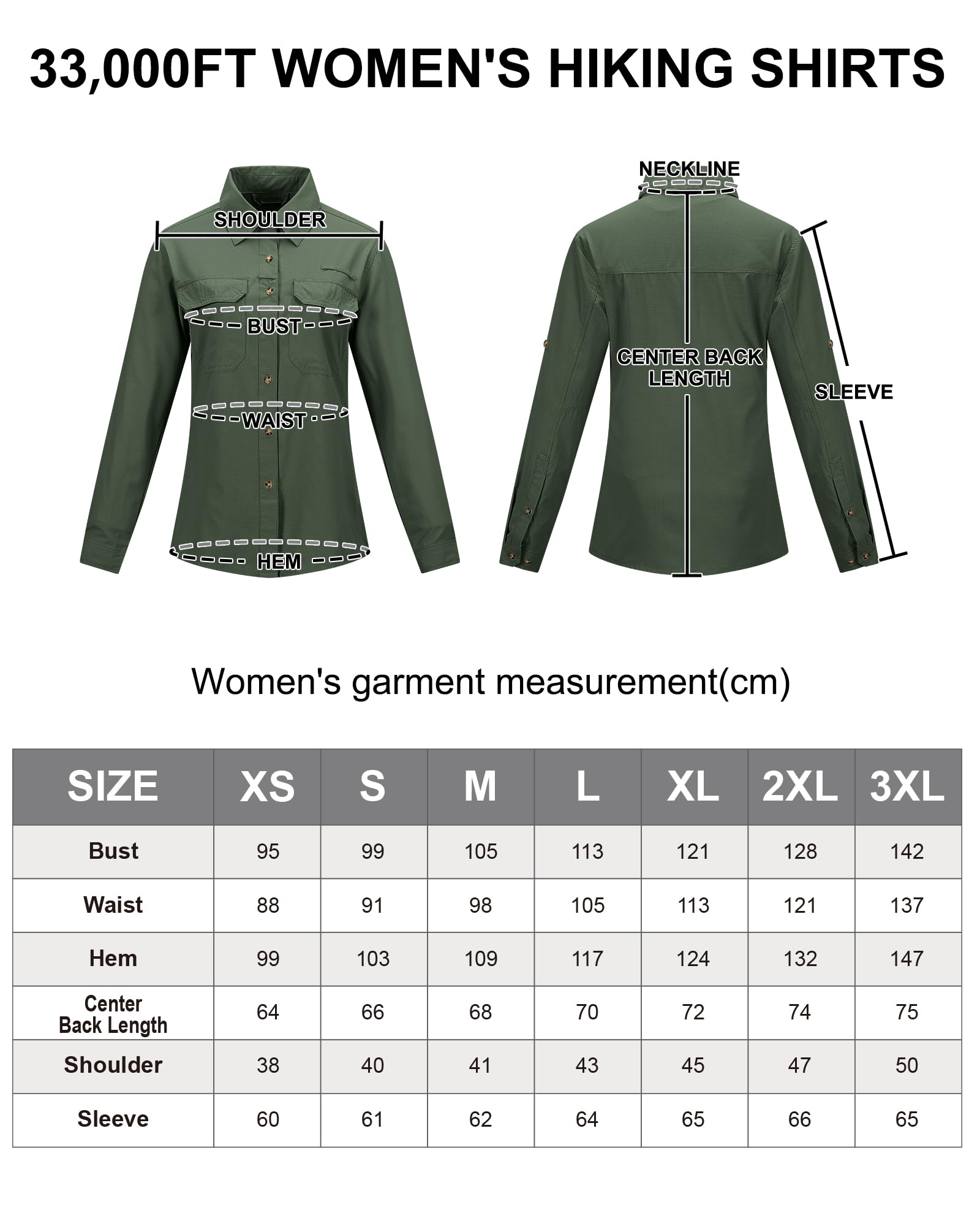 33,000ft Camicia da donna UPF50+, protezione UV, ad asciugatura rapida, per il tempo libero, a maniche lunghe, funzionale, per pesca, safari, viaggi, golf, verde scuro, L