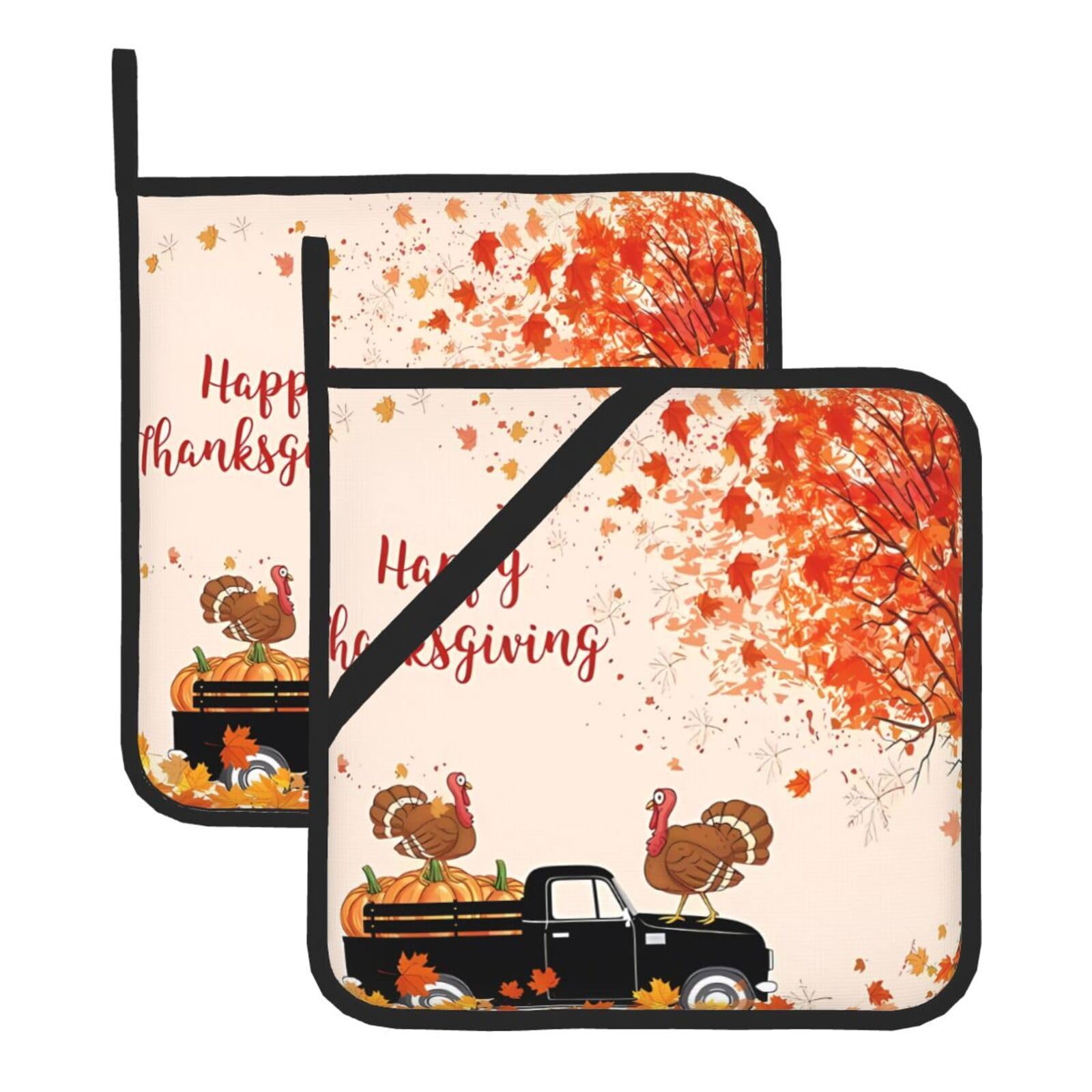 YYHHAOFA Thanksgiving Turkey on Pumpkin Car Prints Square Hot Pads for Kitchen Counter - Waterproof Pot Covers with Hanging Loop - Thick Heat Resistant Trivets for Microwave & Oven (2-Pack)