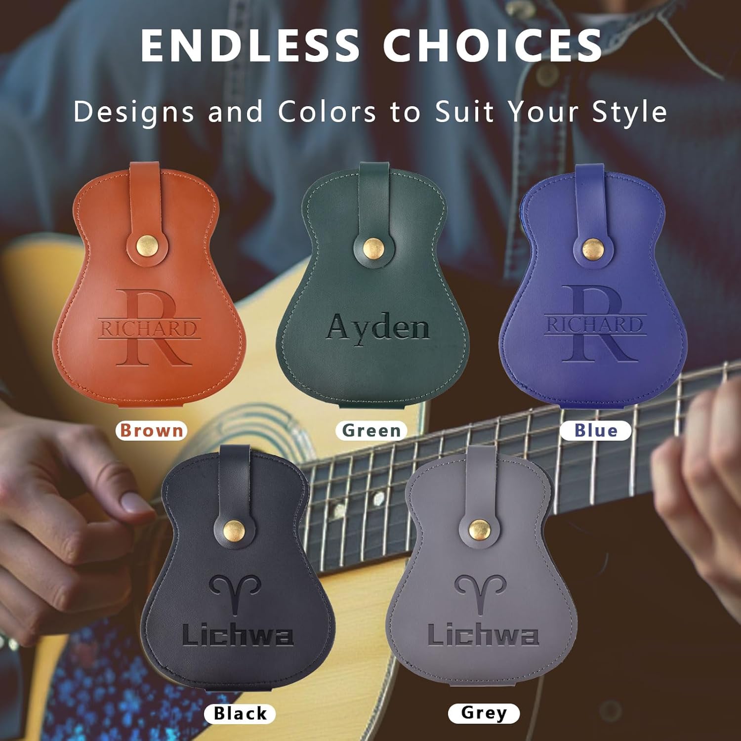 Custom Guitar Pick Holder Case, 18 Slots Guitar Pick Organizer with Personalized Name Engraving, Unique Guitar-Shaped Design for Music Lovers (Green)