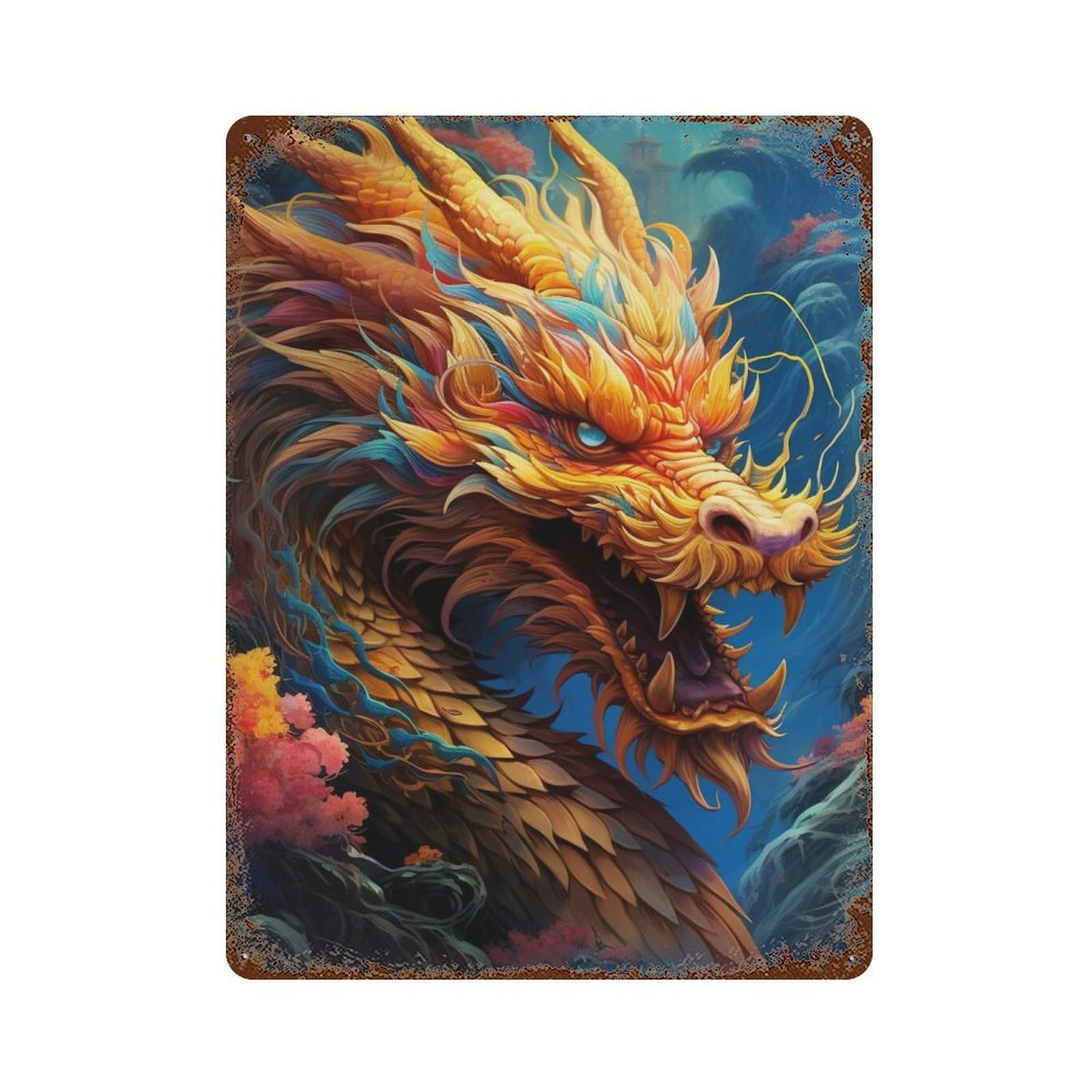 Golden Dragon Fantasy Artwork Retro Metal Sign 15.7"x11.8", Vintage Wall Decor for Bistro, Counter And Cafe Decor