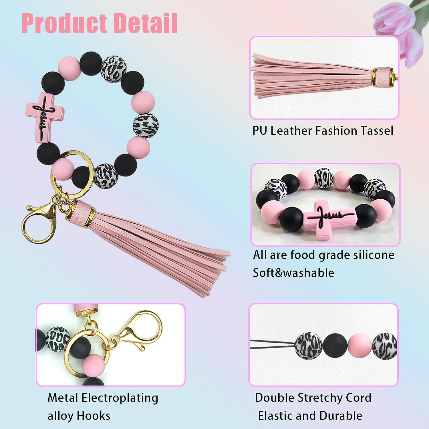 SHINYHARBOR Silicone Beaded Wristlet Keychain Bracelet,Key Wrist Keychains for Women Mom Teachers Best Friend image 5