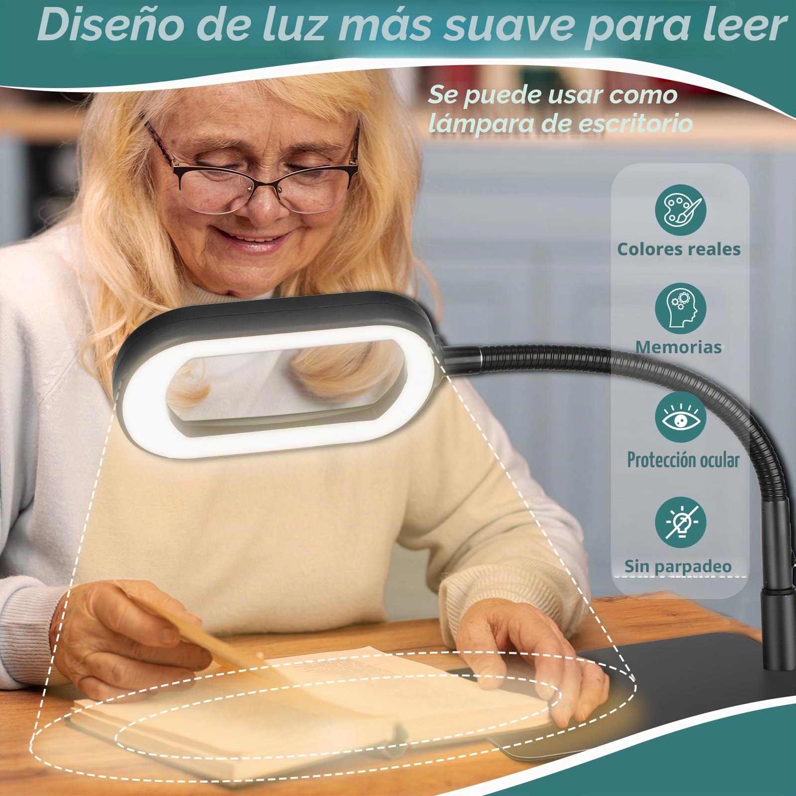 Drdefi 10X Rectangular Lupa con Luz y Soporte, 5 Modos de Color, Regulabilidad Continua, LED Lámpara de Escritorio Flexible con Cuello de Cisne, Lámpara de Lupa Manos Libres para Lectura Reparación