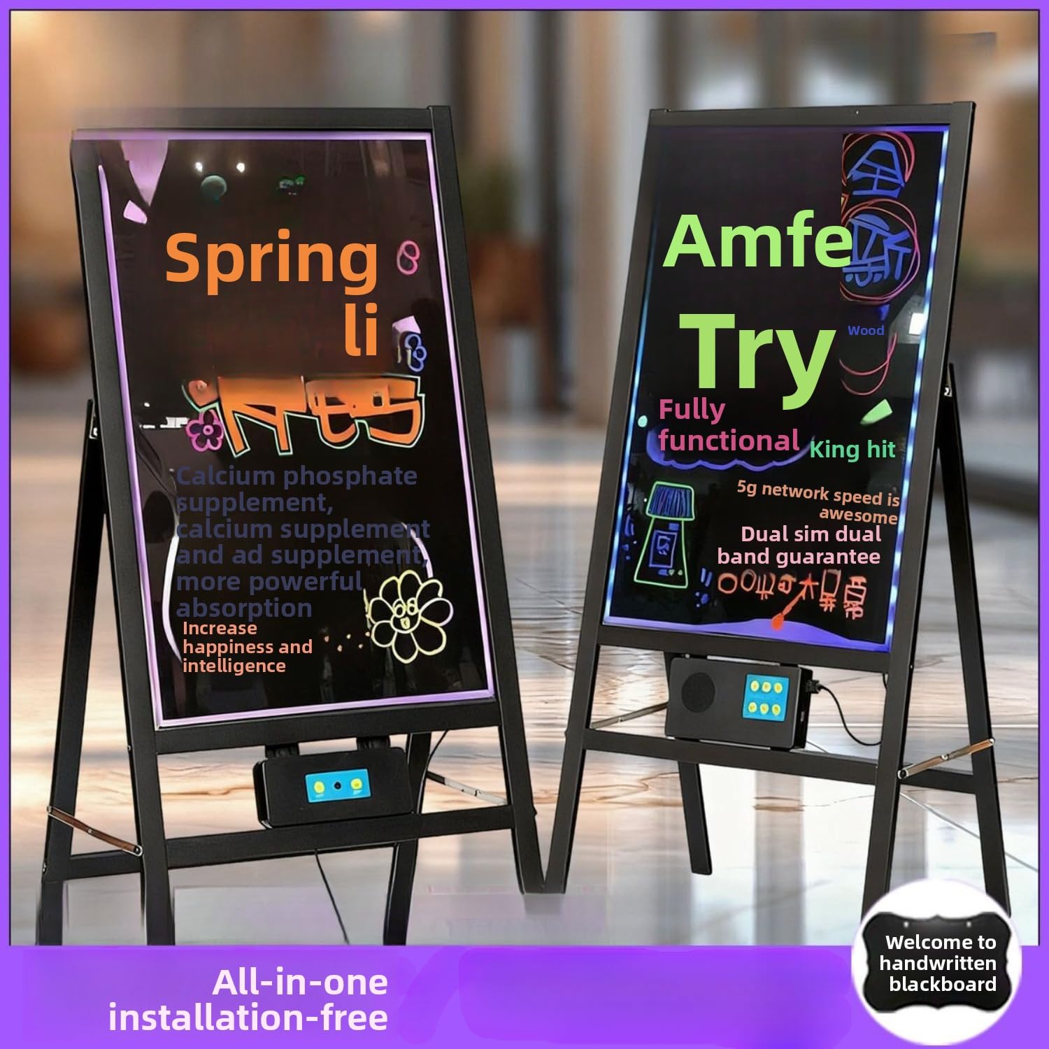 LED-beleuchtete Schreibtafel, löschbare fluoreszierende Tafel mit Ständer, leuchtende Nachrichtentafel für Shop, Nachtmarkt, Schaufensterfront, inklusive 10 Neon-Markern und Fernbedienung (schwarz, 40