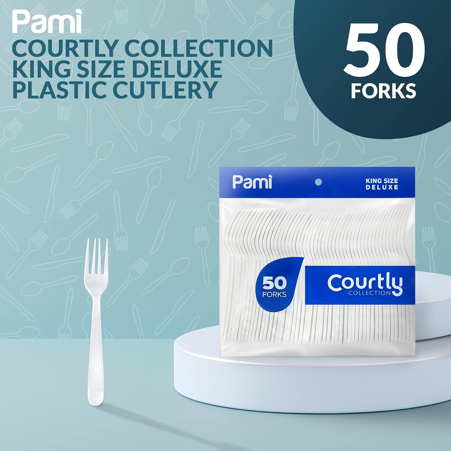 PAMI Heavy-Weight Disposable Plastic Forks [50-Pack] - Bulk King Size Deluxe White Plastic Silverware For Parties, Weddings, Catering Food Stands, Takeaway- Heavy-Duty Single-Use Partyware Forks