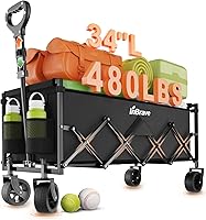 InBrave Extra Long Collapsible Wagon Cart - 480LBS Heavy Duty All-Terrain Utility Wagon for Gardening, Shopping, Beach, Camping - Folds Flat Black