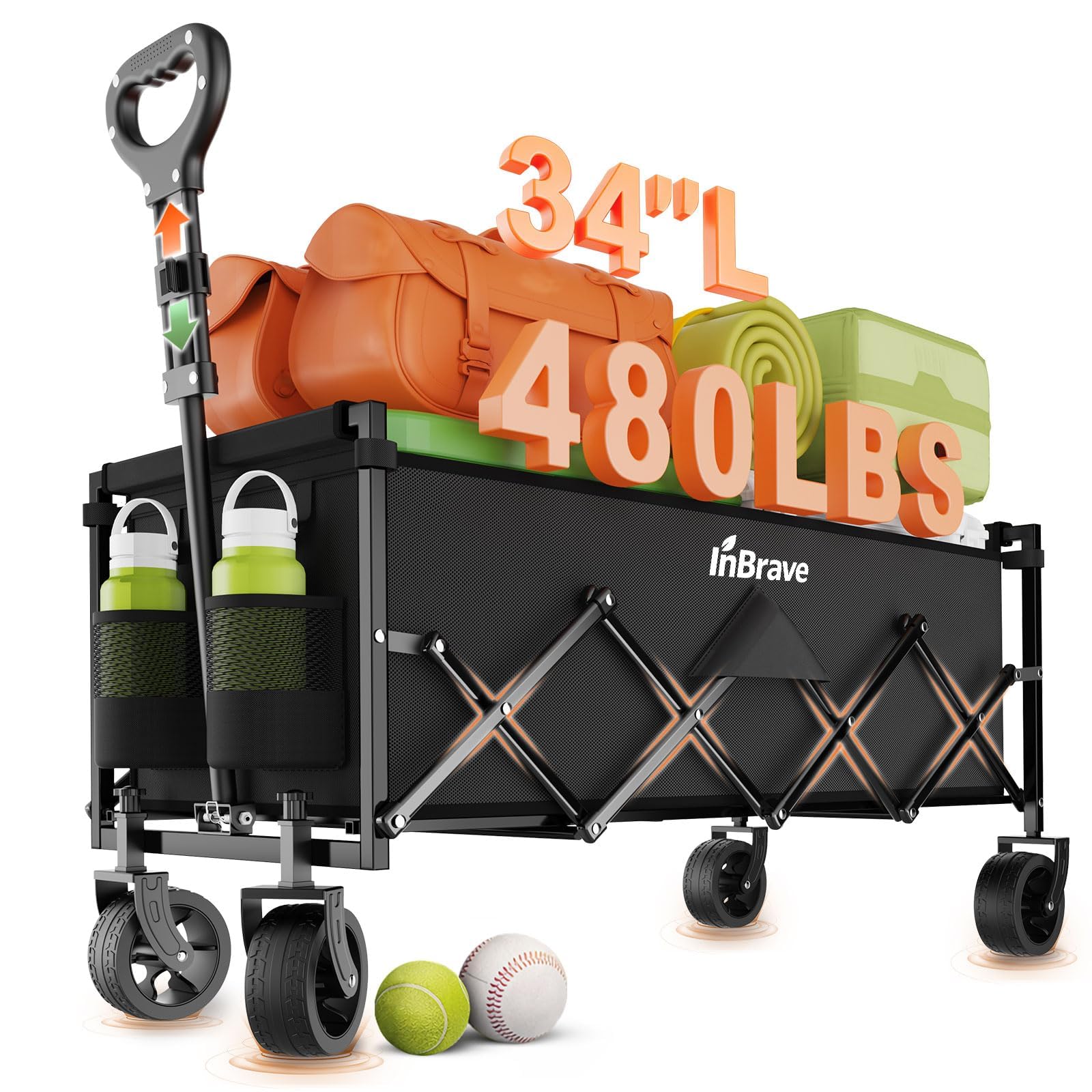 extra long collapsible wagon cart, 480lbs heavy duty utility wagons with all-terrain wheels, foldable grocery carts for gardening, shopping, beach, camping, black