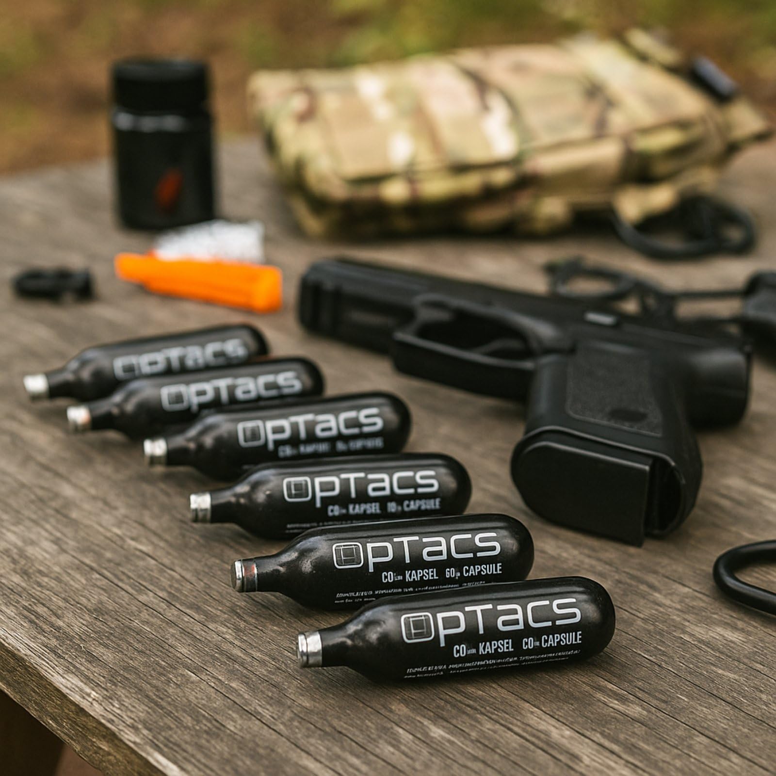 OpTacs CO₂-Kapseln 12g – 5 Stück – für Airsoft, Softair und Luftdruckwaffen – sauber versiegelt, konstante Leistung, rückstandsfrei, korrosionsgeschützt, 12g-System kompatibel