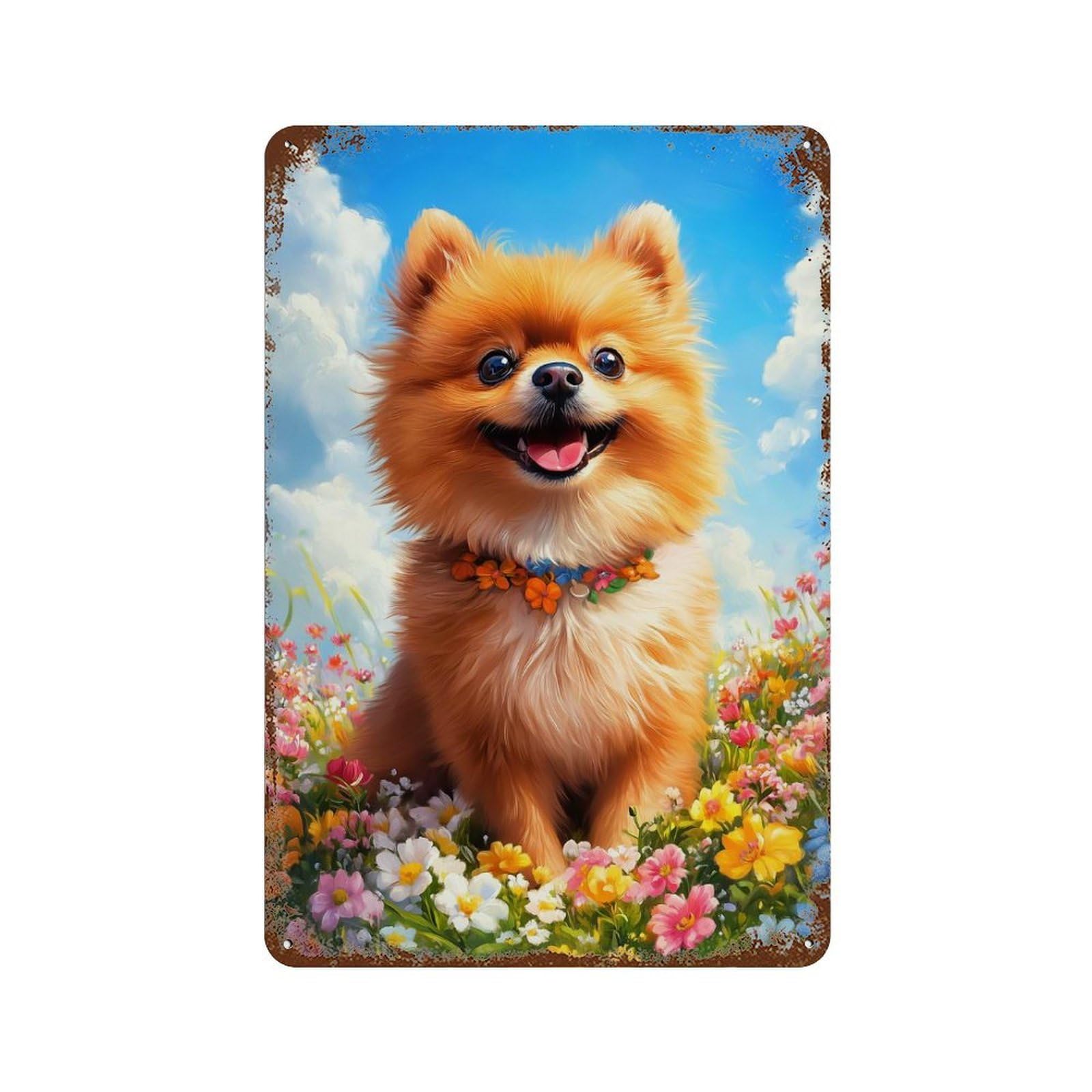 Smiling Pomeranian in Flowers Distressed Metal Wall Sign 11.8"x7.9", Industrial Home Decor for Garage, Pub Or Kitchen
