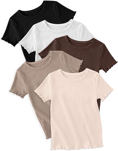 Mumucove 5 Pack Girls Ribbed Short Sleeve Shirts, 5-Color, 13-14y