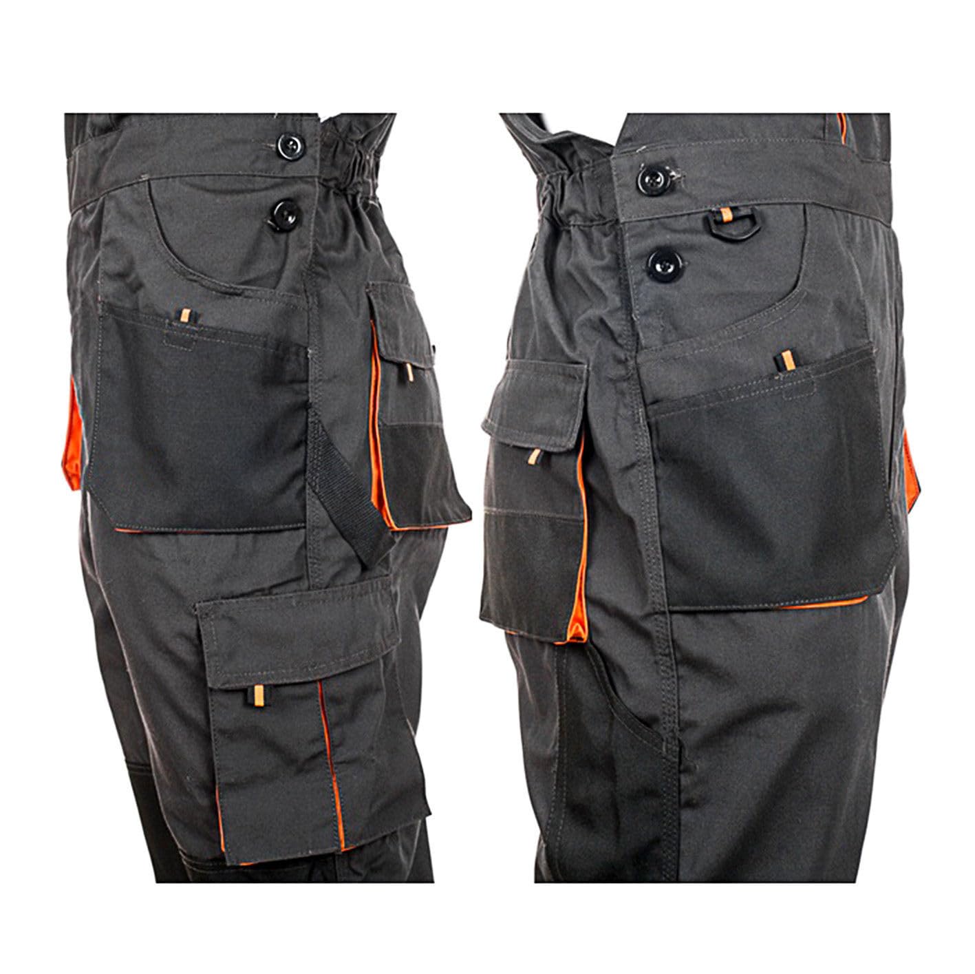 Salopette da lavoro da uomo, classica, multitasche, pantaloni regolabili in vita, bretelle larghe, fibbie solide, abbigliamento da lavoro rinforzato grigio - arancione