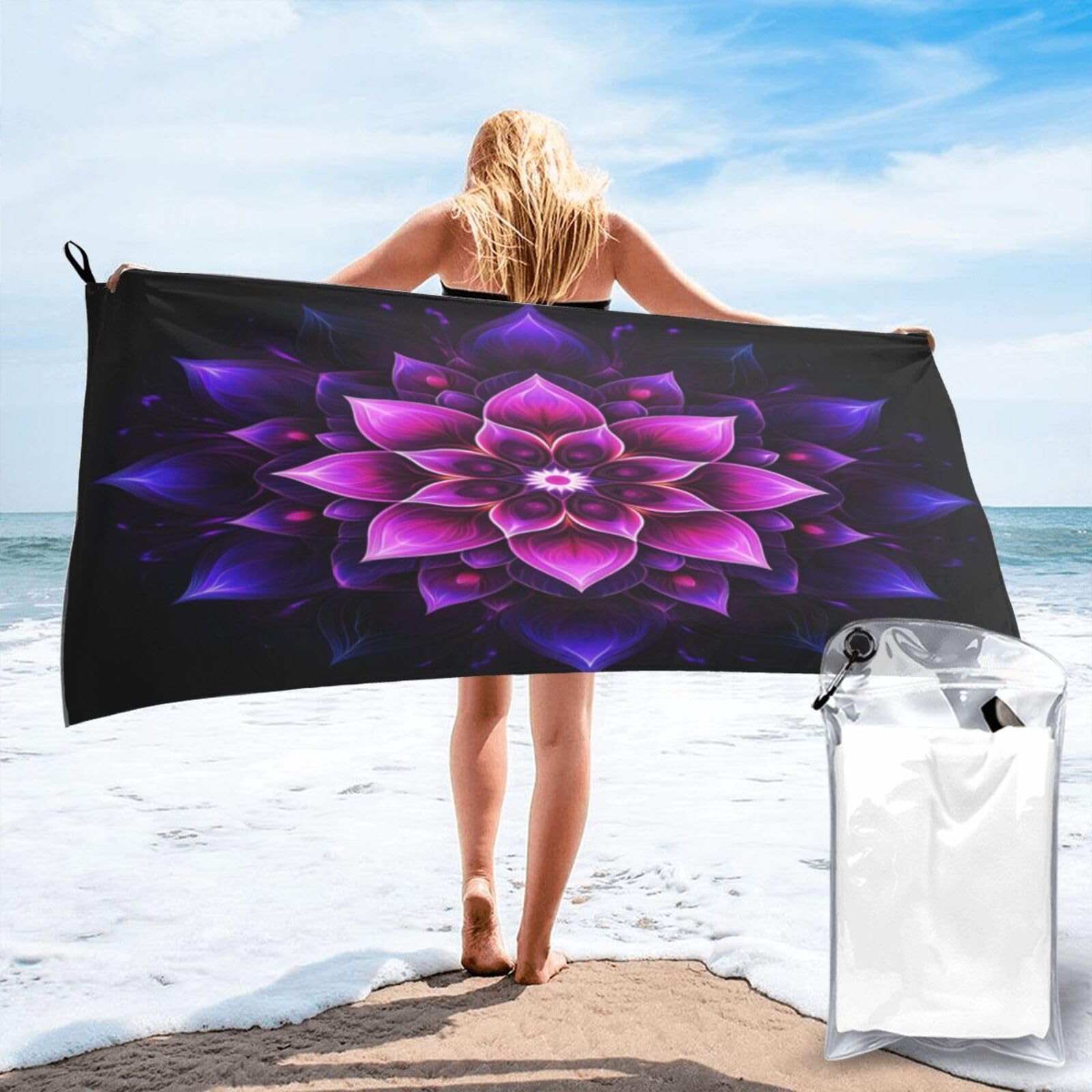 Anceky Vibrant Digital Floral Mandala Pattern Quick Dry Microfiber Travel Towel with Carry Case and Carabiner 27.5"X55"