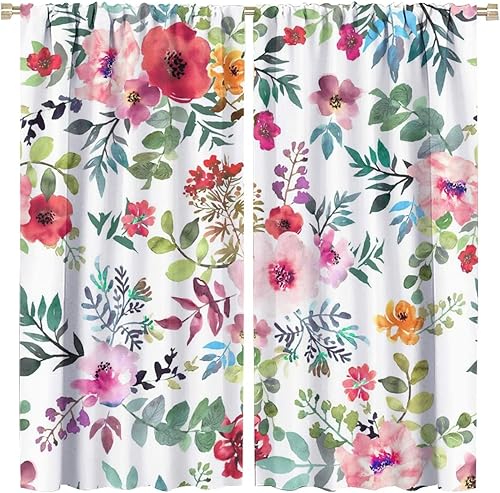 Miniatura 415 de Retro 70s Floral Blackout Window Curtains, Watercolor Flower Plant Rustic Modern Style Pattern Window Drapes, for Bedroom Living Room 42x45in 2