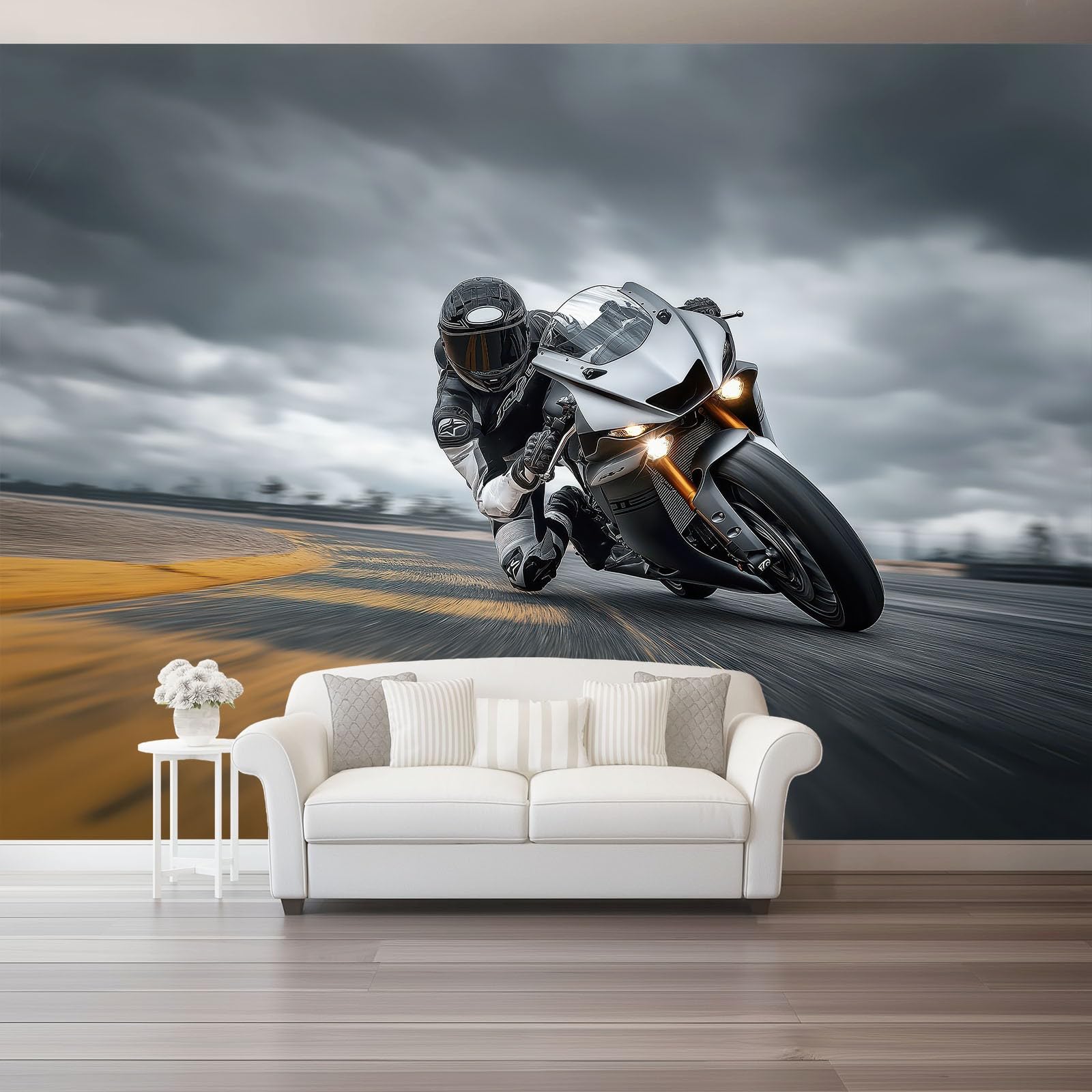 Tapeta z motywem 250 x 175 cm, kreskówkowy motocyklista, radosna tapeta z motywem do pokoju dziecięcego i kącika do majsterkowania, szara