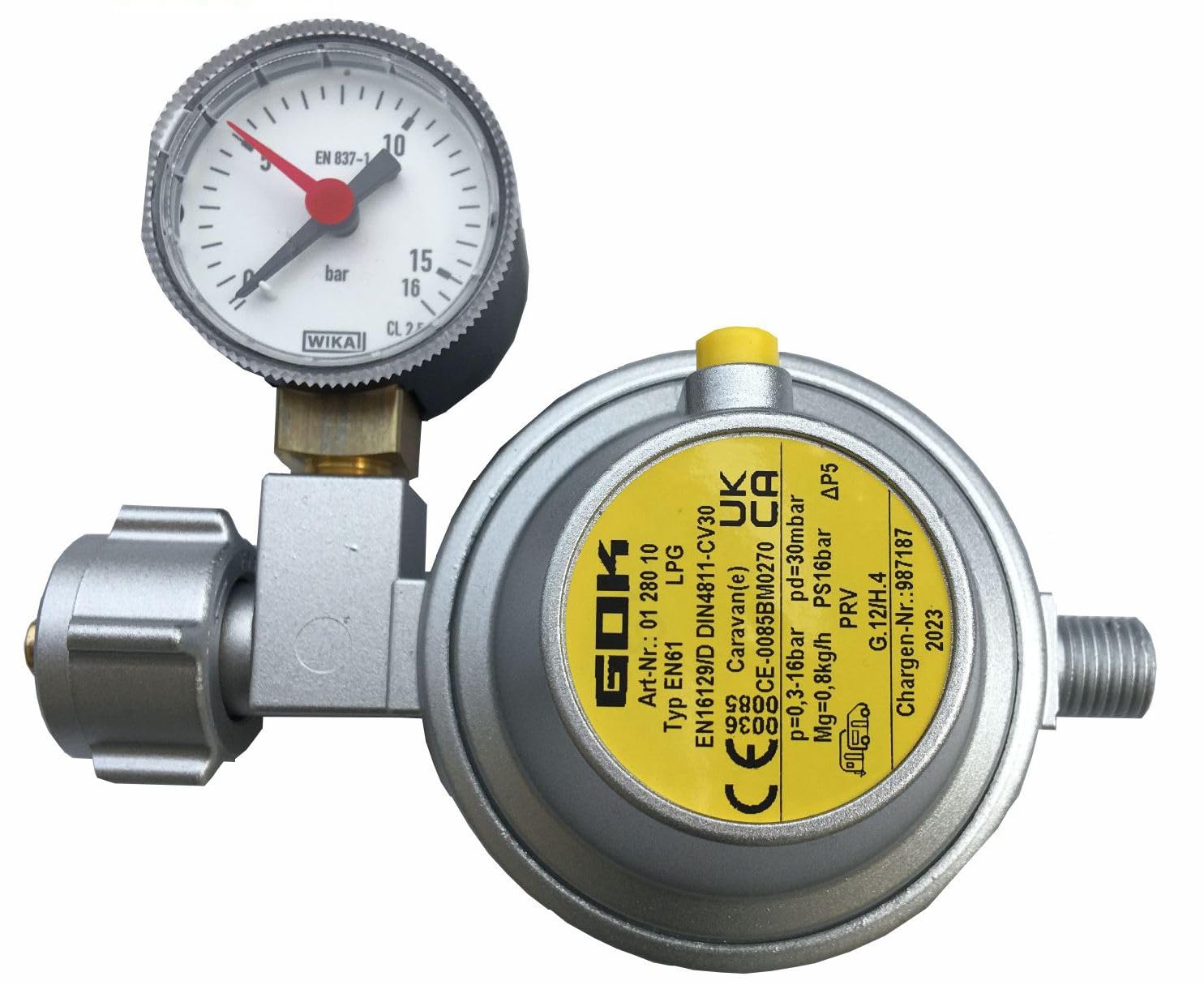 Druckminderer Druckregler 30 mbar mit Manometer 0,8 kg/h für Caravan Wohnmobil Wohnwagen mit Manometer PS 16 bar 2026