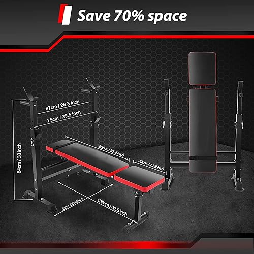 Miniatura 6 de Juego de banco de pesas de 660 libras con estante para sentadillas, juego de prensa de banco 6 en 1 con almohadilla de rizo de predicador, bancos de