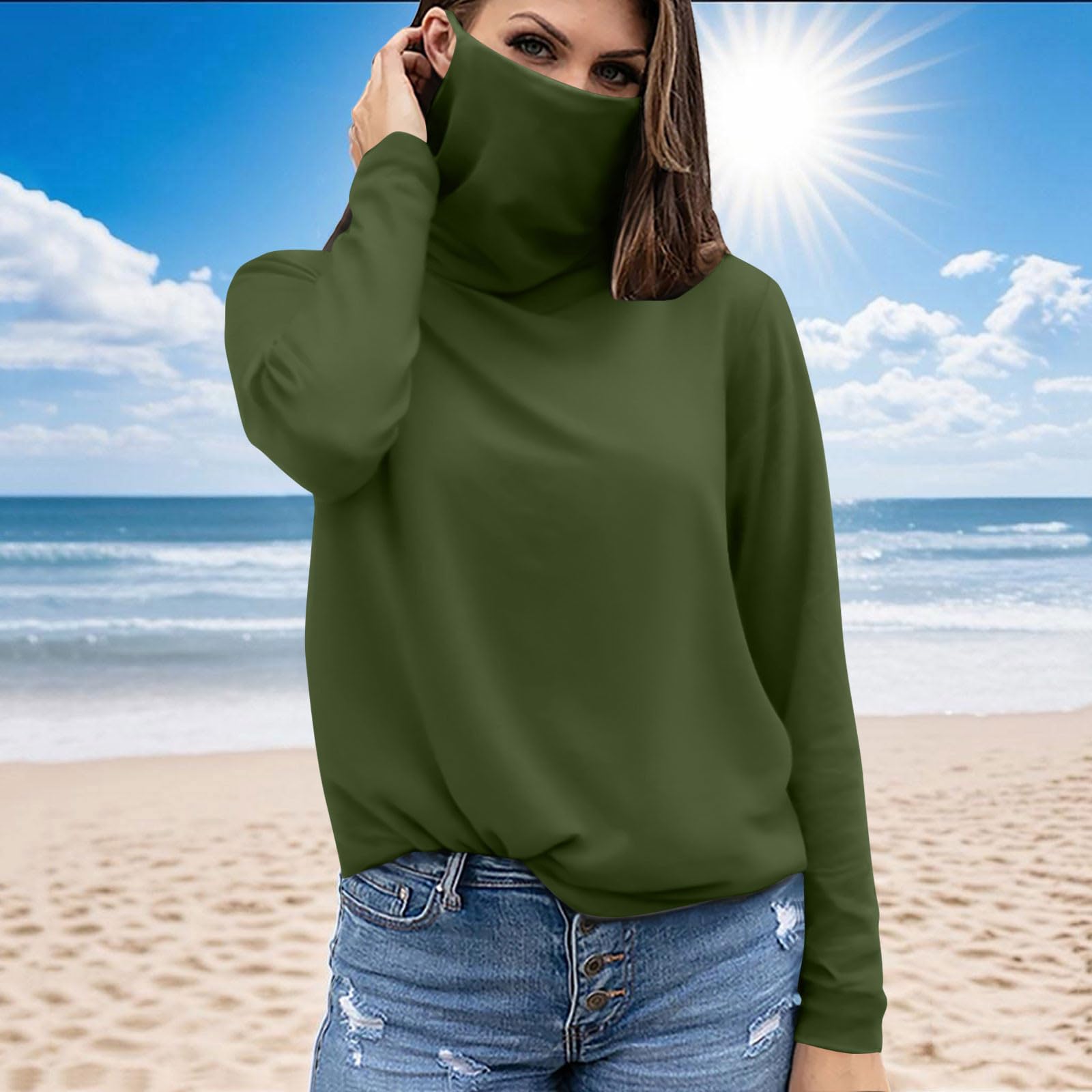 Sun Protection Shirts for Women UPF50+ Long Sleeve UV Blocking Top Lightweight Breathable Shirt with Face Mask(Green,Large)