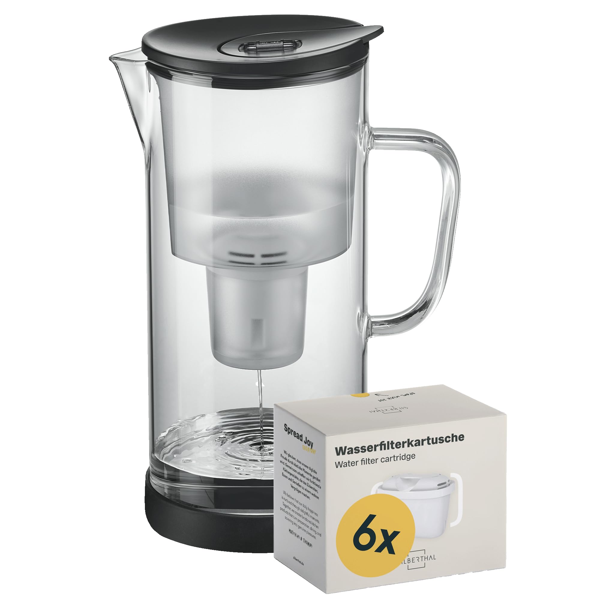 SILBERTHAL Wasser Filterkannen Set inkl. 6er Pack Filterkartuschen - Glas - Reduziert Kalk und Chlor - 2,7 Liter