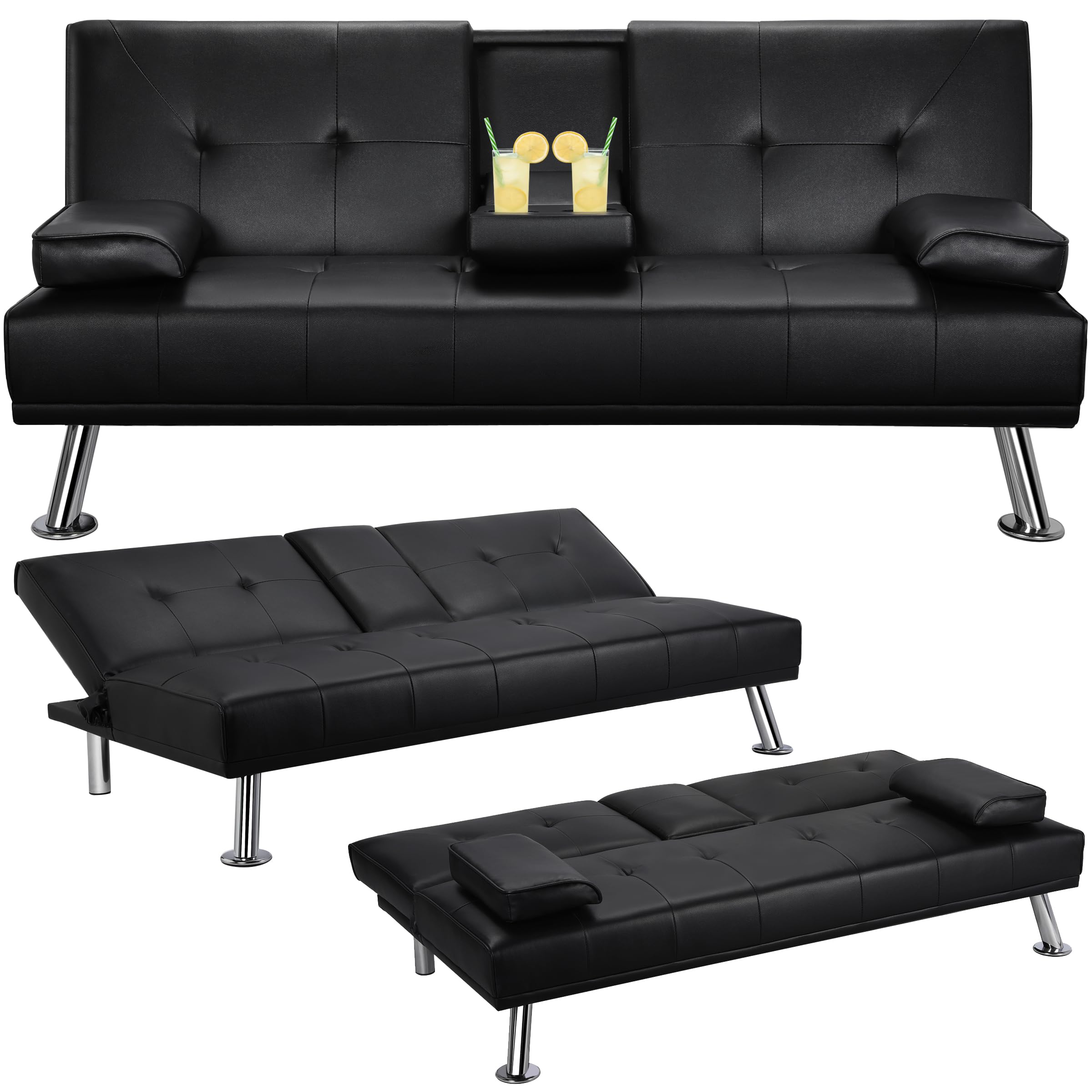 Yaheetech Divano Letto con 2 Braccioli Staccabili Divano Trasformabile Mobile Imbottito a 3 Posti Divanetto Reclinabile da Salotto con Supporto Centrale Porta Bicchieri Nero/Finta Pelle