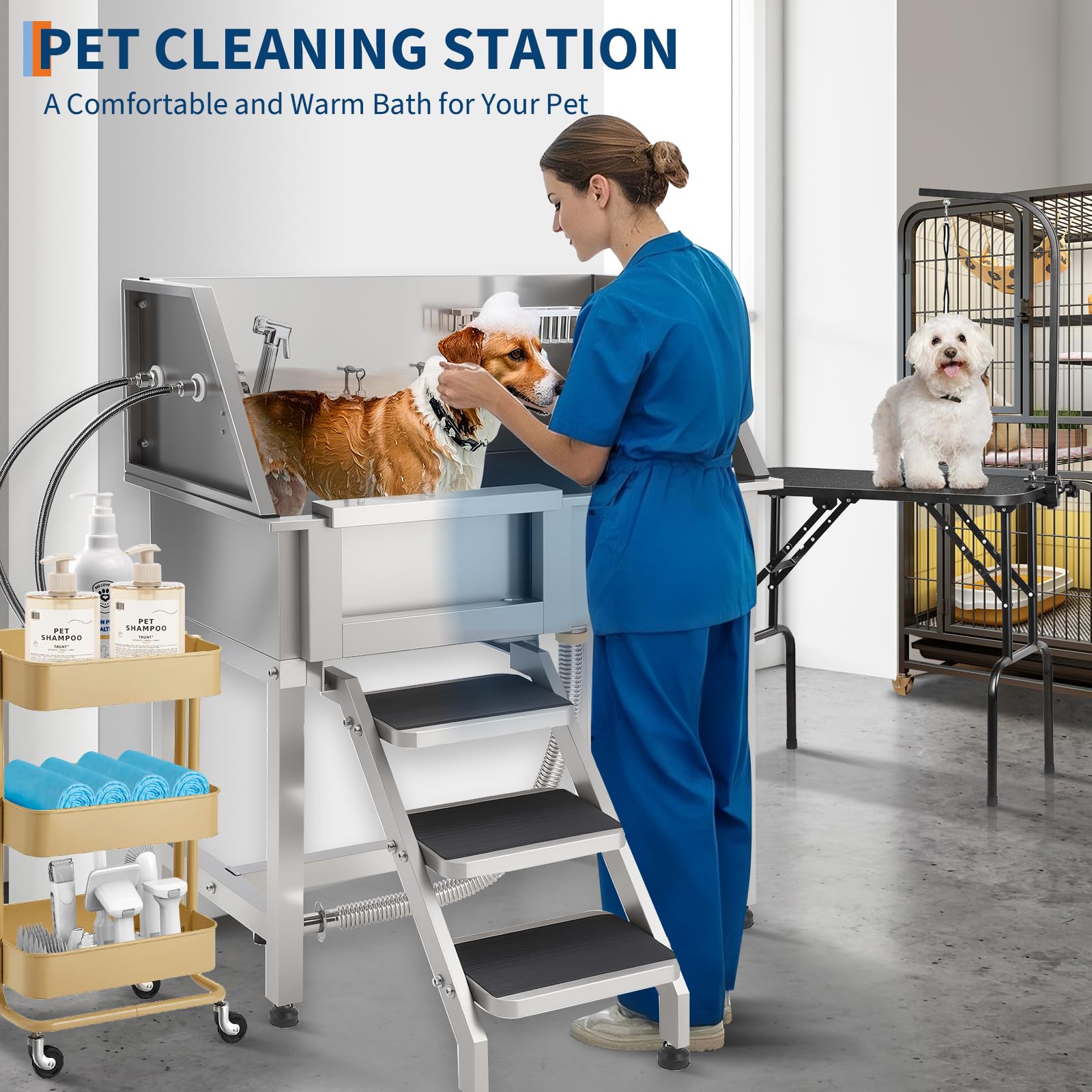 Garvee Bañera Profesional para Aseo de Perros de Acero Inoxidable, Puerta corredera Izquierda, Rejilla Antideslizante Ajustable, Escalera, Grifo y Ducha, Acabado Pulido Plateado, 86,36 x 37,8 x 98,01