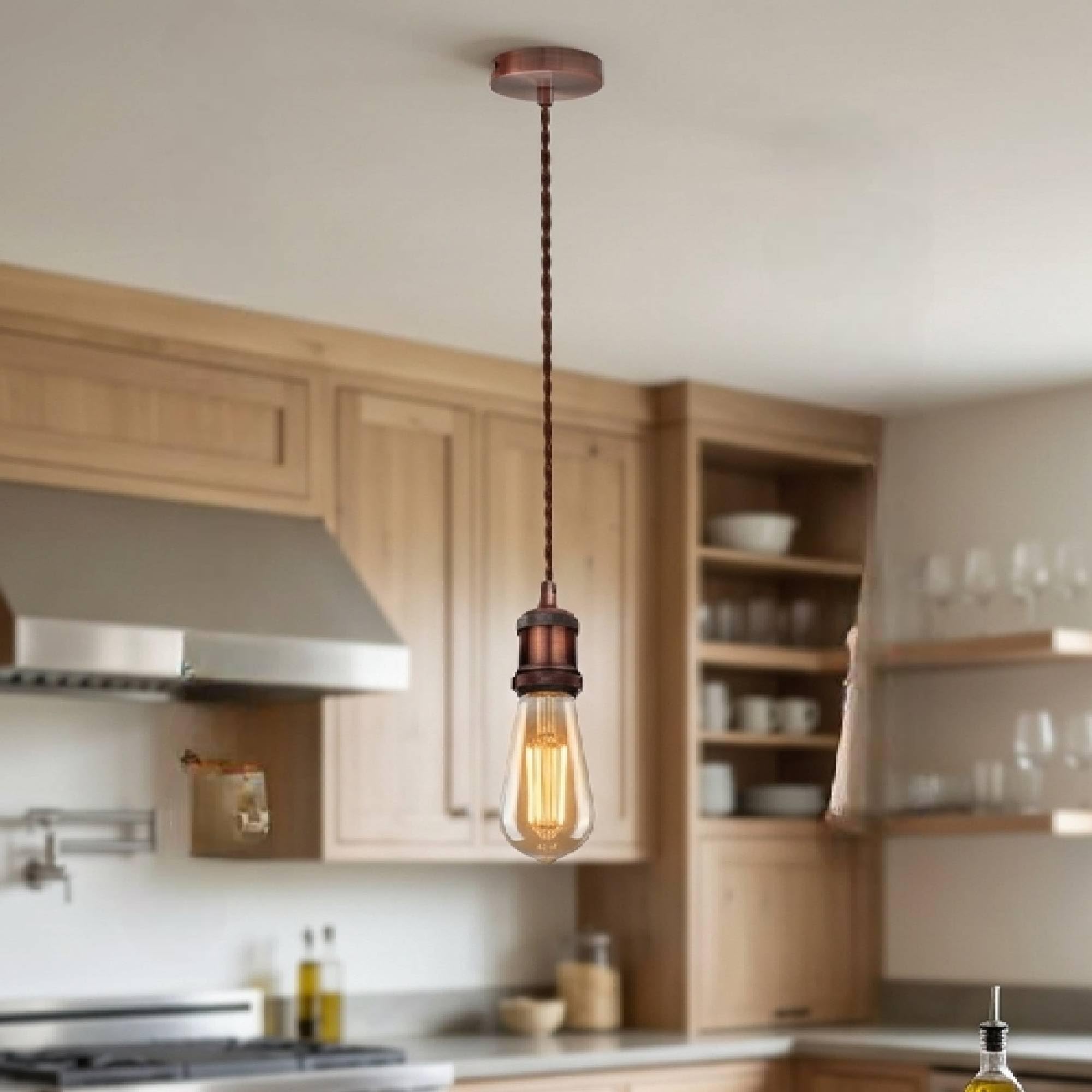 Copper Vintage Pendant Light Fitting with E27 Lamp Holder – Brown Braided 2m Flex Cable Ceiling Hanging Light with Ceiling Rose for Kitchen Island, Dining Room, Living Room & Cafe Lighting — image 1