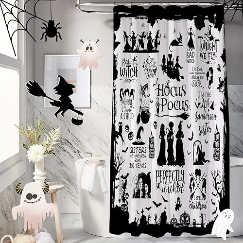 Miniatura 5 de Metawu Cortina de ducha de Halloween, juego de cortinas de ducha de bruja, murciélago y telaraña, cortina de baño impermeable para tinas de 72 x 72